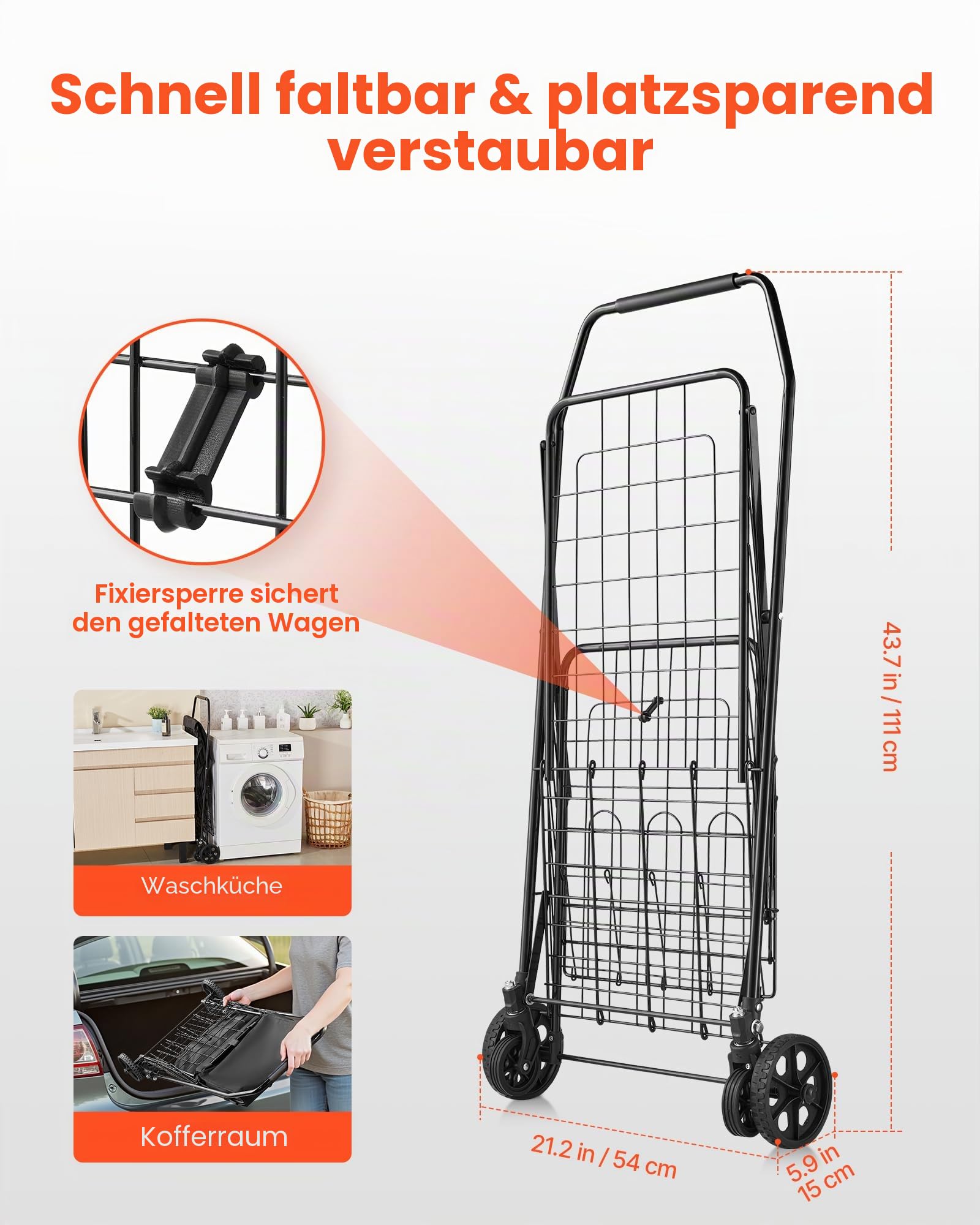 VEVOR Einkaufswagen zusammenklappbarer Einkaufstrolley mit Zwei Körben & wasserfester Auskleidung & Rädern, 45,3 kg Tragkraft, 64 +10 L Einkaufsroller für Wäsche Einkaufen Camping Lebensmittel