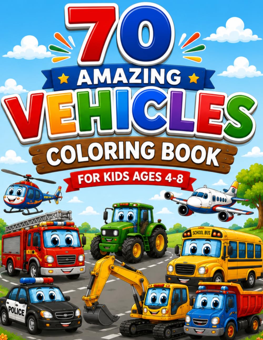 70 Amazing Vehicles Coloring Book for Kids Ages 4-8: Fun Cars, Trucks, Tractors, Buses, Airplanes, Helicopters, Boats & Construction Vehicles