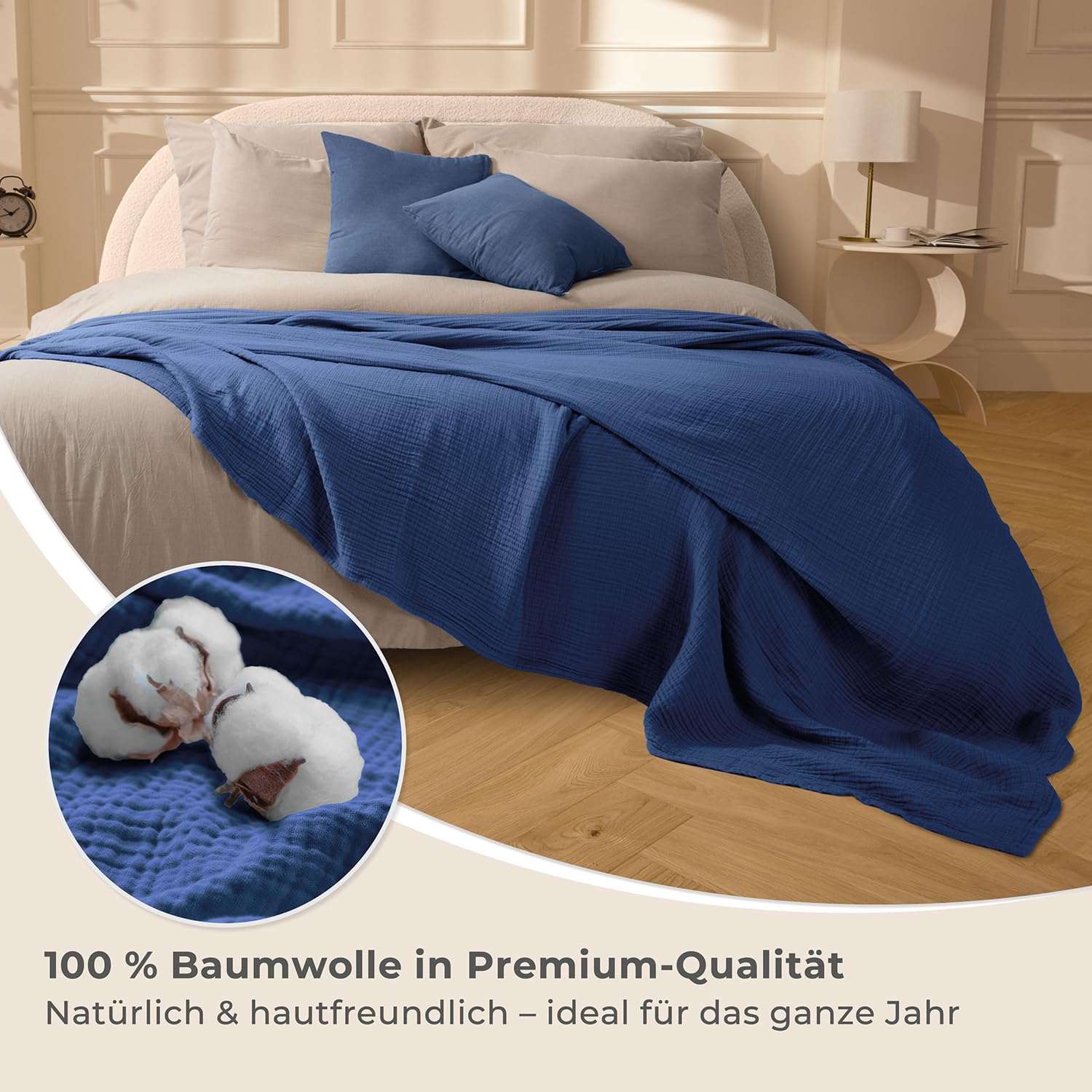LAYNENBURG Premium Musselin Tagesdecke 180x220 cm - 100% Baumwolle - extraweiche Baumwolldecke als Kuscheldecke, Bett-Überwurf, Sofa-Überwurf, Couch-Überwurf - warme Sofa-Decke (Blau)