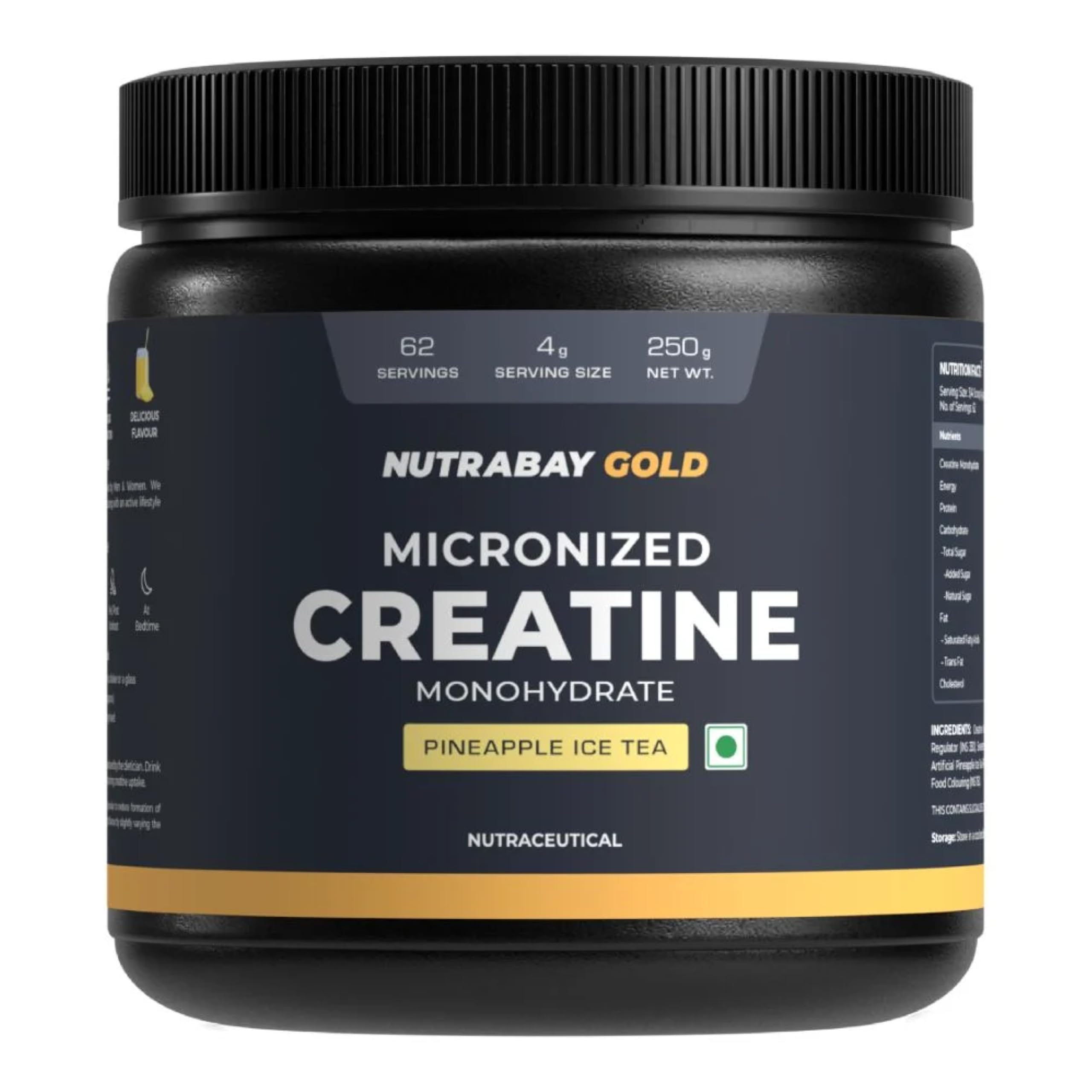 Gold Micronised Creatine Monohydrate Powder - 250g, Pineapple | NABL Lab Tested | 3g Creatine/Serving | Increases Muscle Mass, Strength & Power | Pre & Post Workout Supplement | For Men &