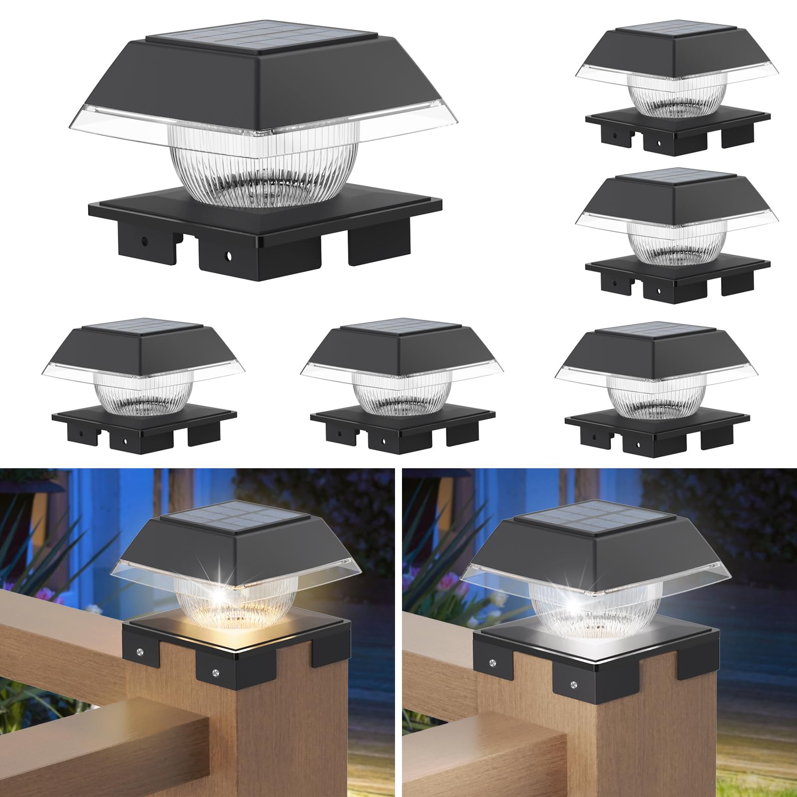 GEYUEYA Home Solar Post Lights,Solar Post Cap Lights,Warm/Cool White 2 Modes,Square Fence Post Lights Solar Powered for 3.5x3.5 to 5.5x5.5 inch Wooden Posts Deck Cap Patio Garden Decoration-6 Packs