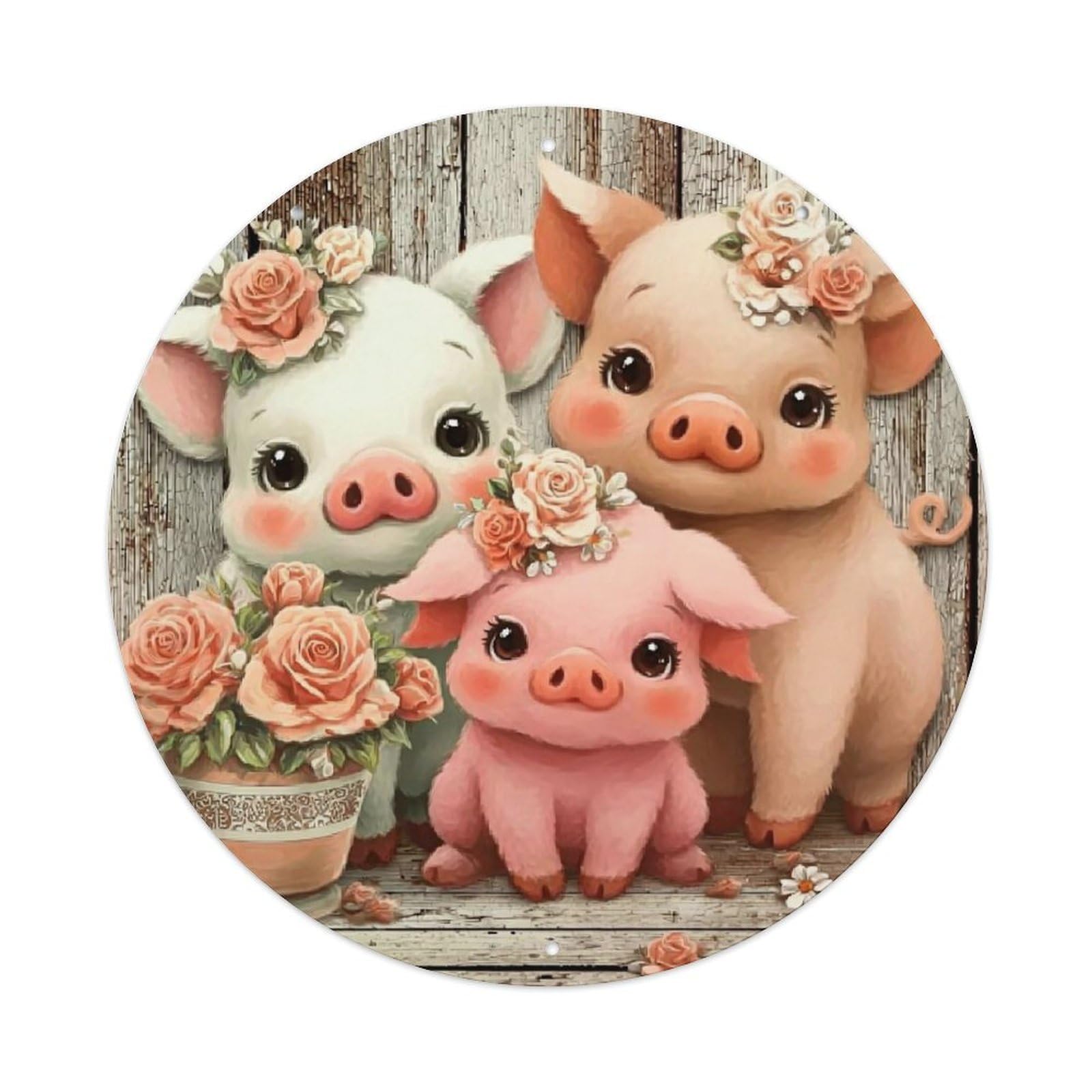 Cute Pigs With Flowers_1 Retro Metal Sign Round Tin Sign, Vintage Decor Art Poster for Bar, Home, Man Cave, Kitchen, Laundry Room Gift 8x8Inch