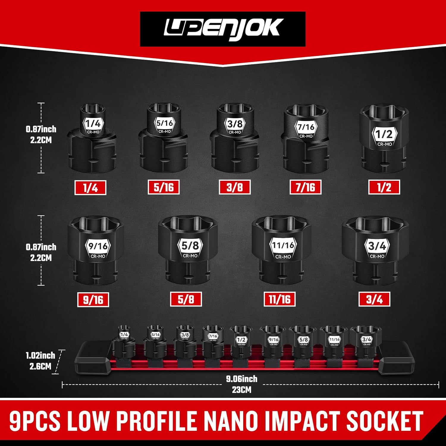 ZHAX 9-Piece 3/8" Drive SAE Low Profile Nano Impact Socket Set 1/4"-3/4", Cr-Mo,6-Point,Stubby Socket Set for Tight Spaces