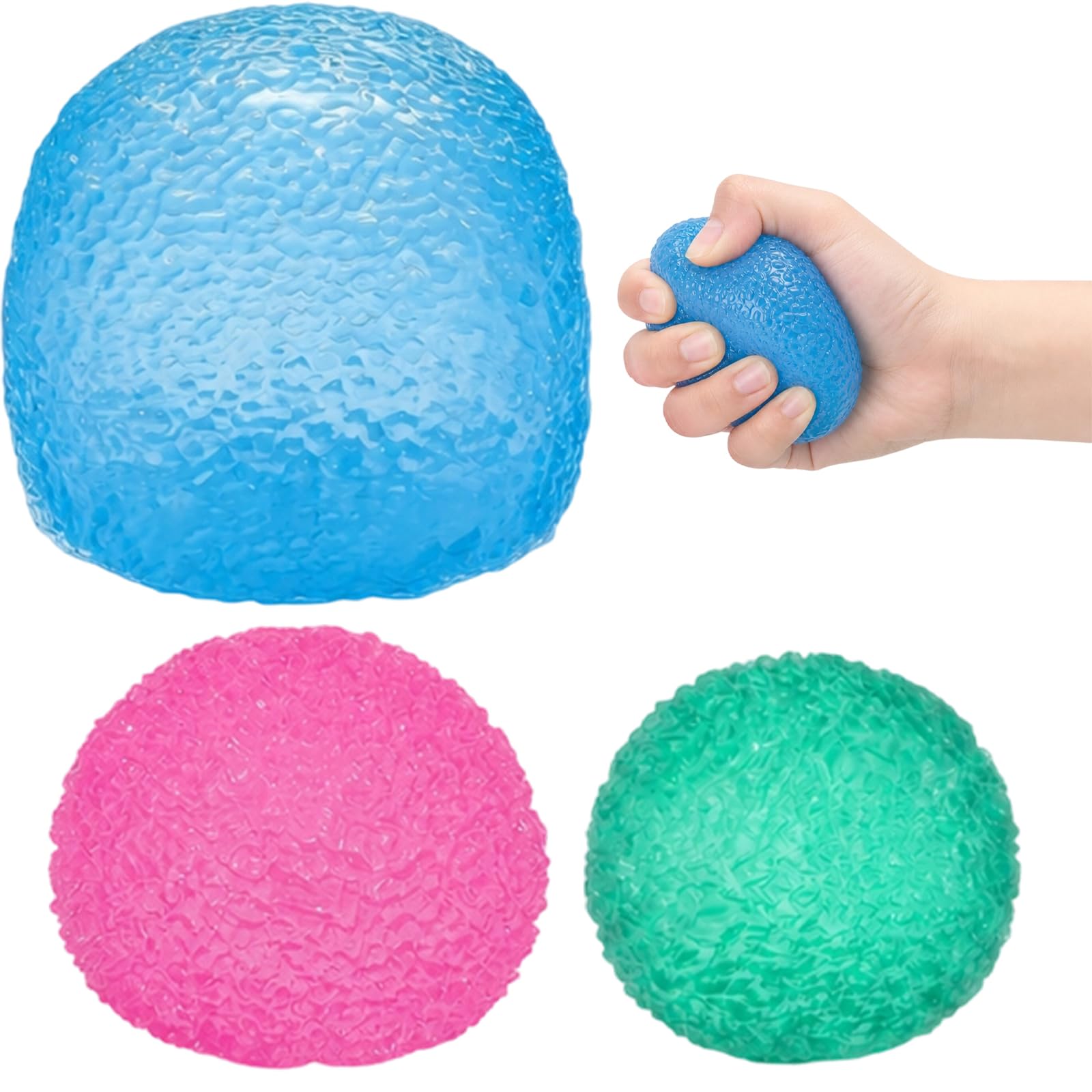 3PCS Gumdrop Squishy, with Grass Ball and Jelly Bean Textures, Pink Green Blue Squishy Ball Collection for Office and Classroom