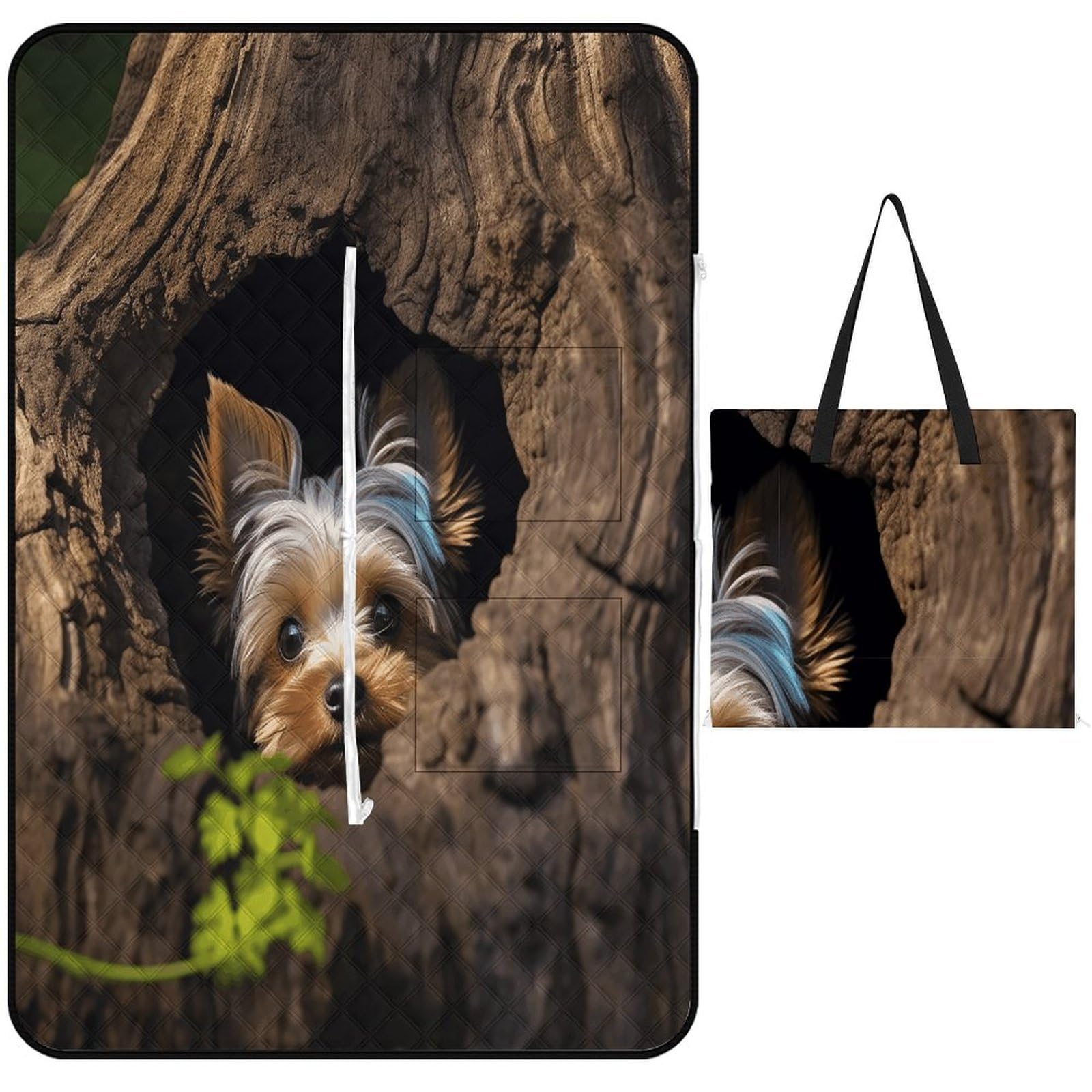 A Little Yorkshire Terrier Nestled in A Tree Hole Picnic Mat 150x100cm Extra Large Picnic Blanket with Zipper Waterproof Sandproof Beach Blanket Portable Beach Mat Foldable Camping Blankets for Park G