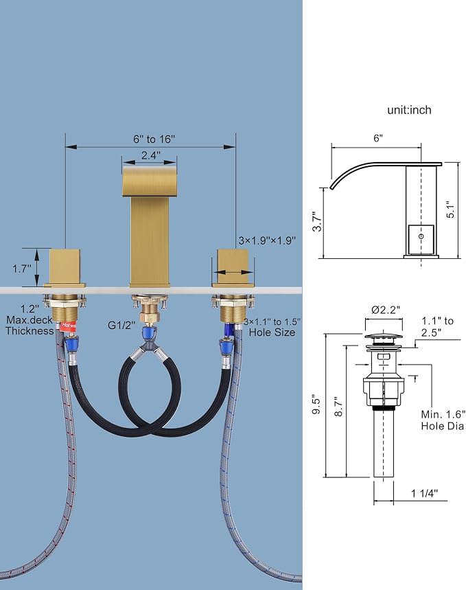 Grifería de baño 3 huecos 8 pulgadas en Oro cepillado miniatura 3