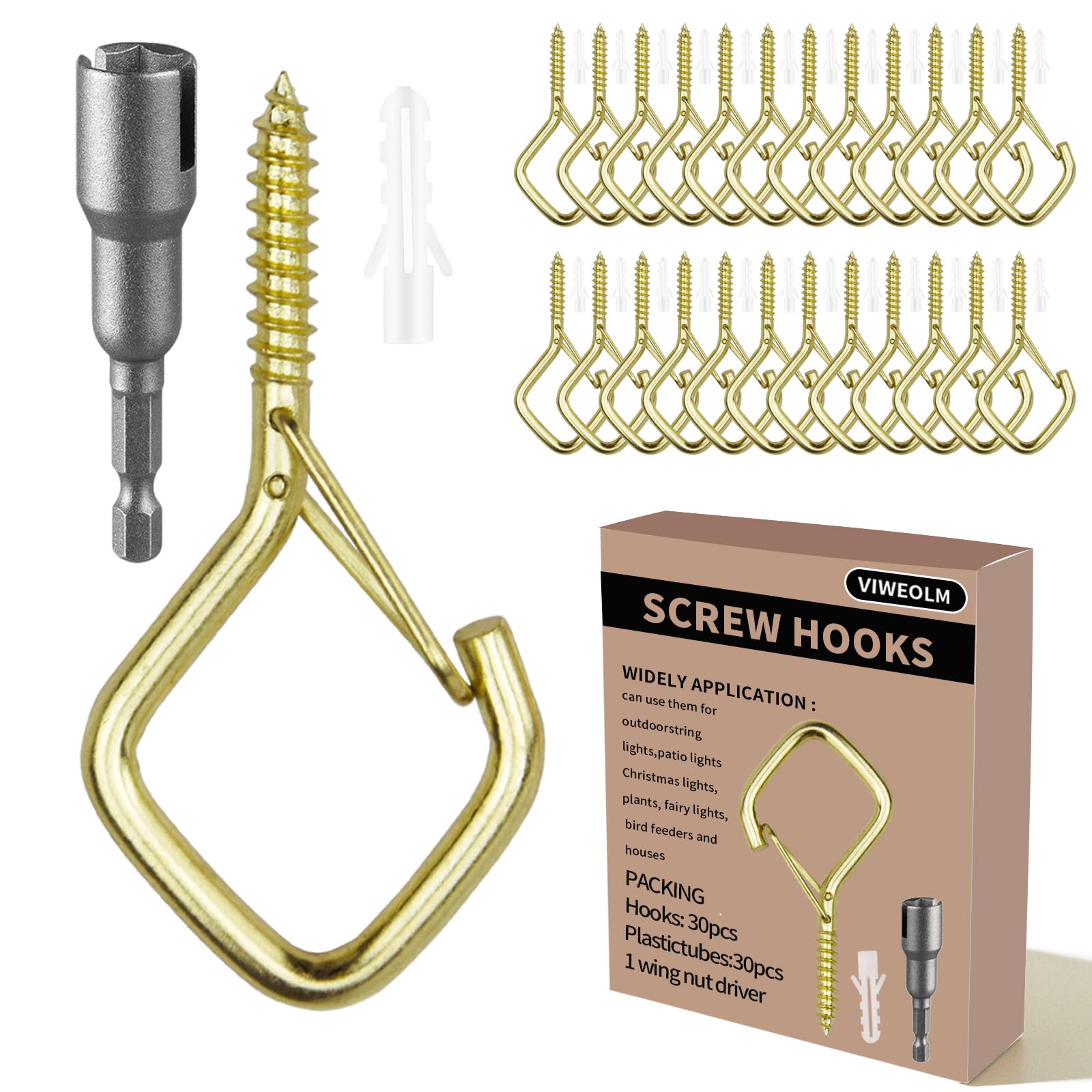 Viweolm 30 Pcs Gold Eye Hooks Screw Heavy Duty,Ceiling Hooks for Hanging Plants,String Lights,Cup,Wind Chime,Bird Feeders. Plant Hanger Indoor&Outdoor