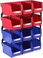 Shineyaplus Stackable Storage Bins 12 Pack 7x5x4 Inch - Durable Plastic Organizers for Garage Workbench Office Wall Mount Hanging Blue Red