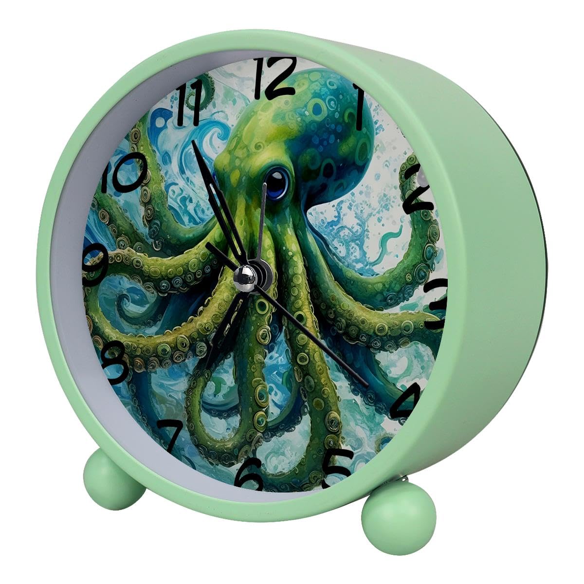 Luoweisi Analog Alarm Clock Watercolor Octopus, Silent Non-Ticking with Night Light, Battery Operated, Round Desk Alarm Clock for Office, Bedroom, Elderly, Adults, Children, Student Gifts