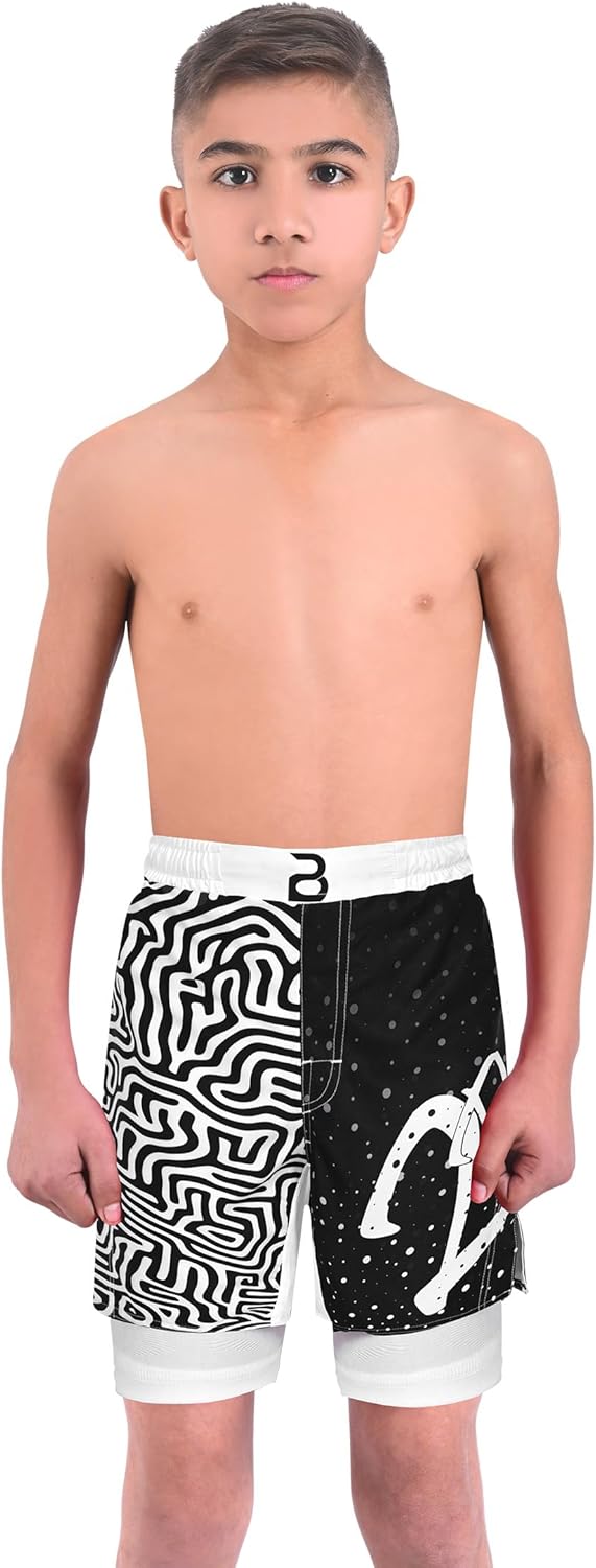 2BOLD MMA Kid’s 2 in 1 Board Shorts BJJ Built in Compression Lining Athletic Gym Boxing Jiu-Jitsu No-Gi Grappling Shorts