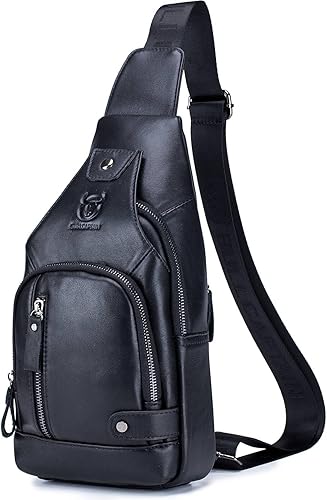 BULLCAPTAIN Bolso bandolera de cuero para hombre, bolso cruzado de hombro casual, mochilas de viaje, senderismo, mochila con puerto de carga USB