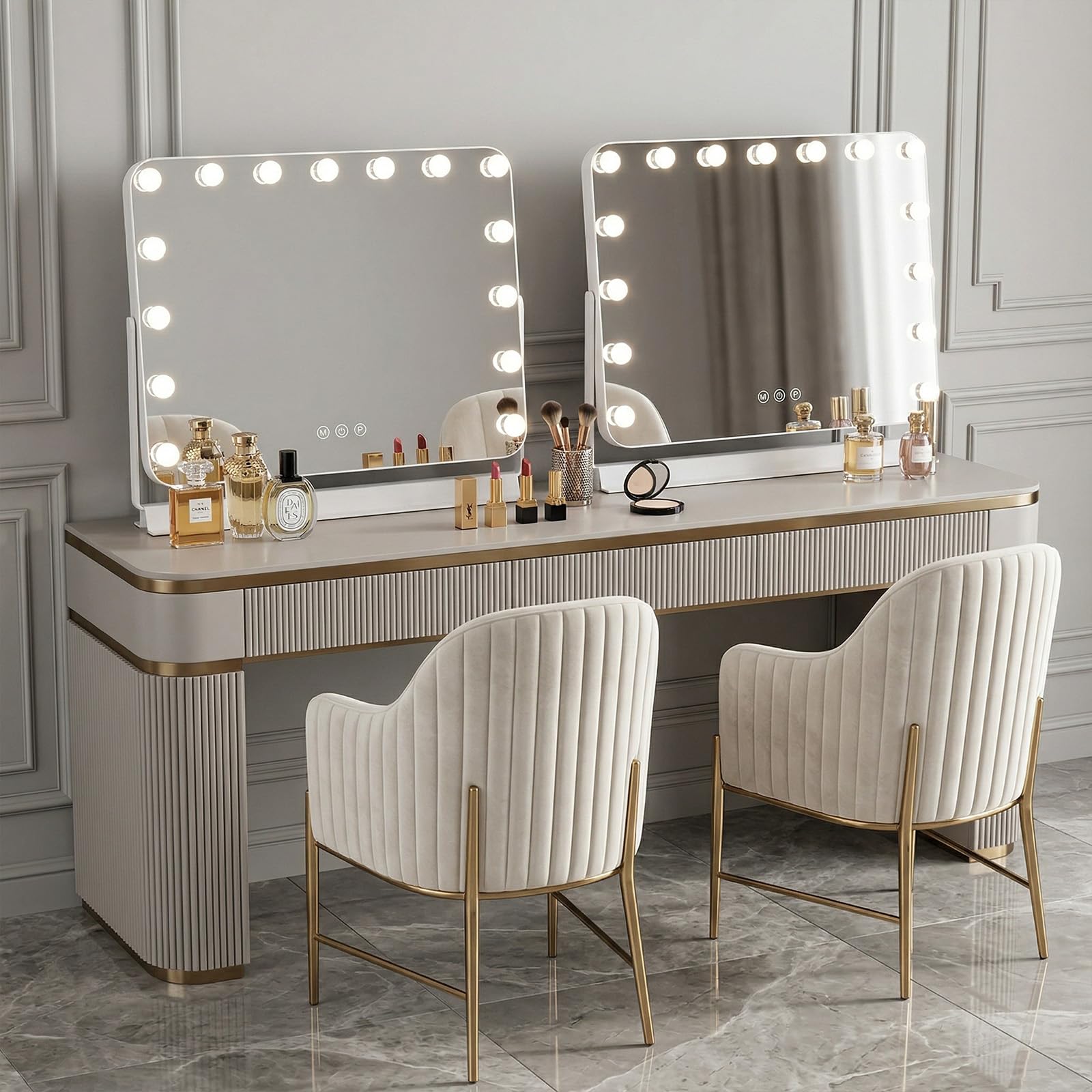 Hollywood Schminkspiegel mit Beleuchtung, 58×54 cm Kosmetikspiegel mit dimmbar 15 LED Licht, 3 Farbmodi, Smart Touch Steuerung Spiegel, 360° Drehbarer Tischspiegel für Schminktisch Schlafzimmer