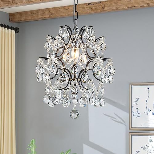 Bestier Black Modern Pendant Chandelier Crystal Raindrop Lighting Ceiling Light Fixture Lamp for Dining Room Bathroom Bedroom Livingroom entryway 1 E26 Bulbs Required D13 in x H16 in