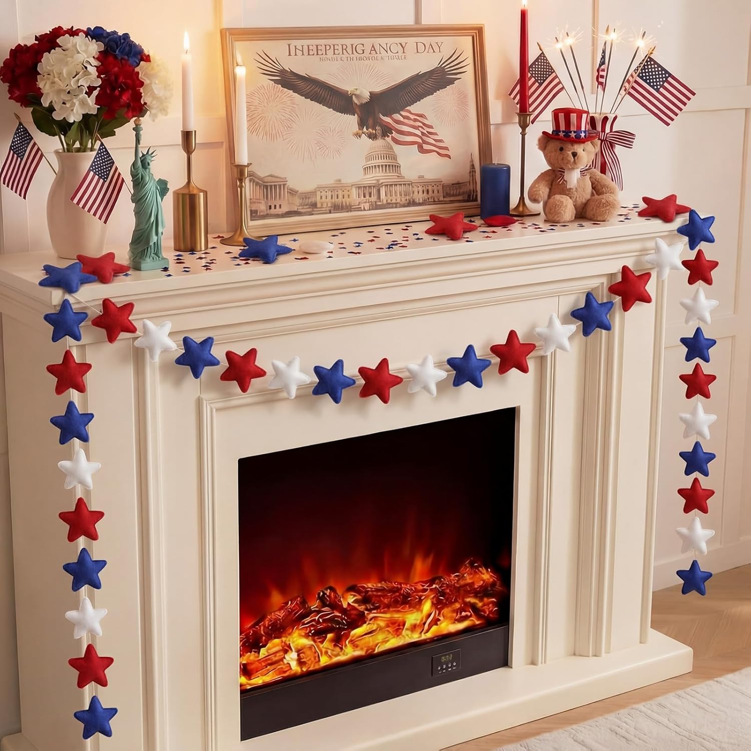 Hahafelt 13 FT 48 Pcs Patriotic Felt Star Garland Banner Red White and Blue Garland Decorations 4th of July Memorial Day 250th Anniversary 3D Star Felt Banners for Independence Day Party Home