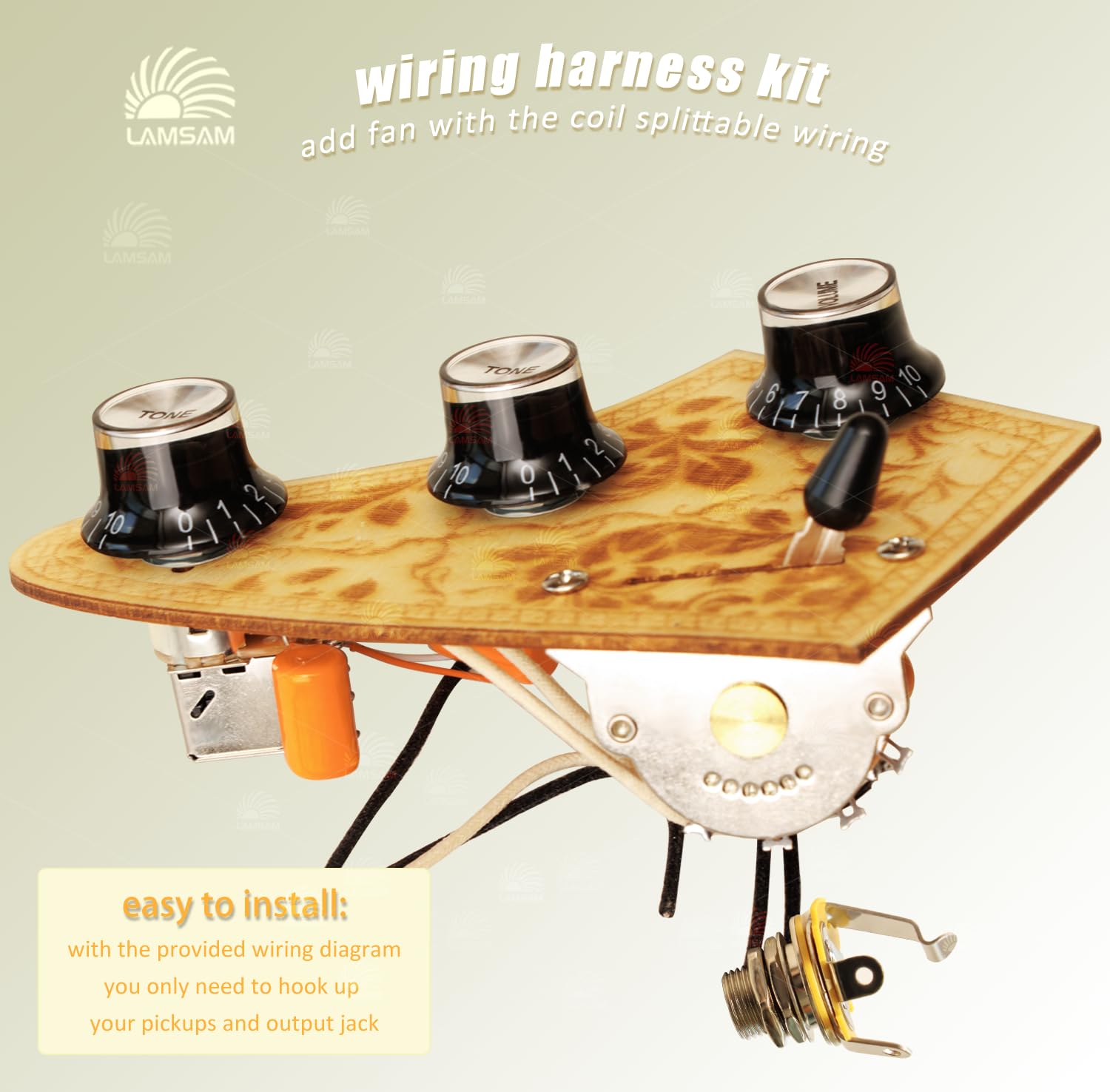 LAMSAM Wiring Harness Kit for Electric Guitar with HSS Pickup Configuration, Push Pull Coil Splittable Wiring, Prewired 5 Way Blade Switch Full Size Pots Orange Capacitor, Output Jack Included, Black