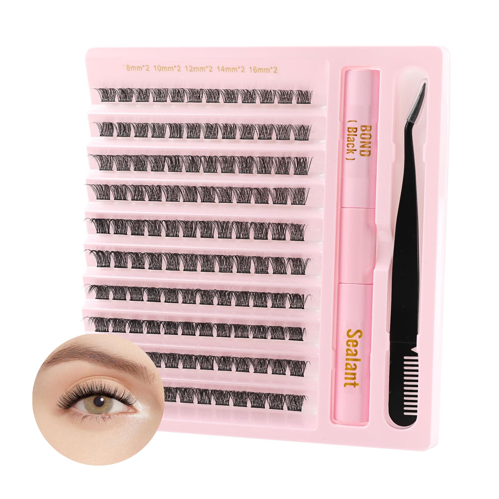 Poiuyoiu Pestañas individuales DIY Juego de extensión de pestañas naturales D Curl Pestañas en racimo con pegamento y sellador de pestañas Pinzas Extensión de pestañas Pestañas postizas de visón