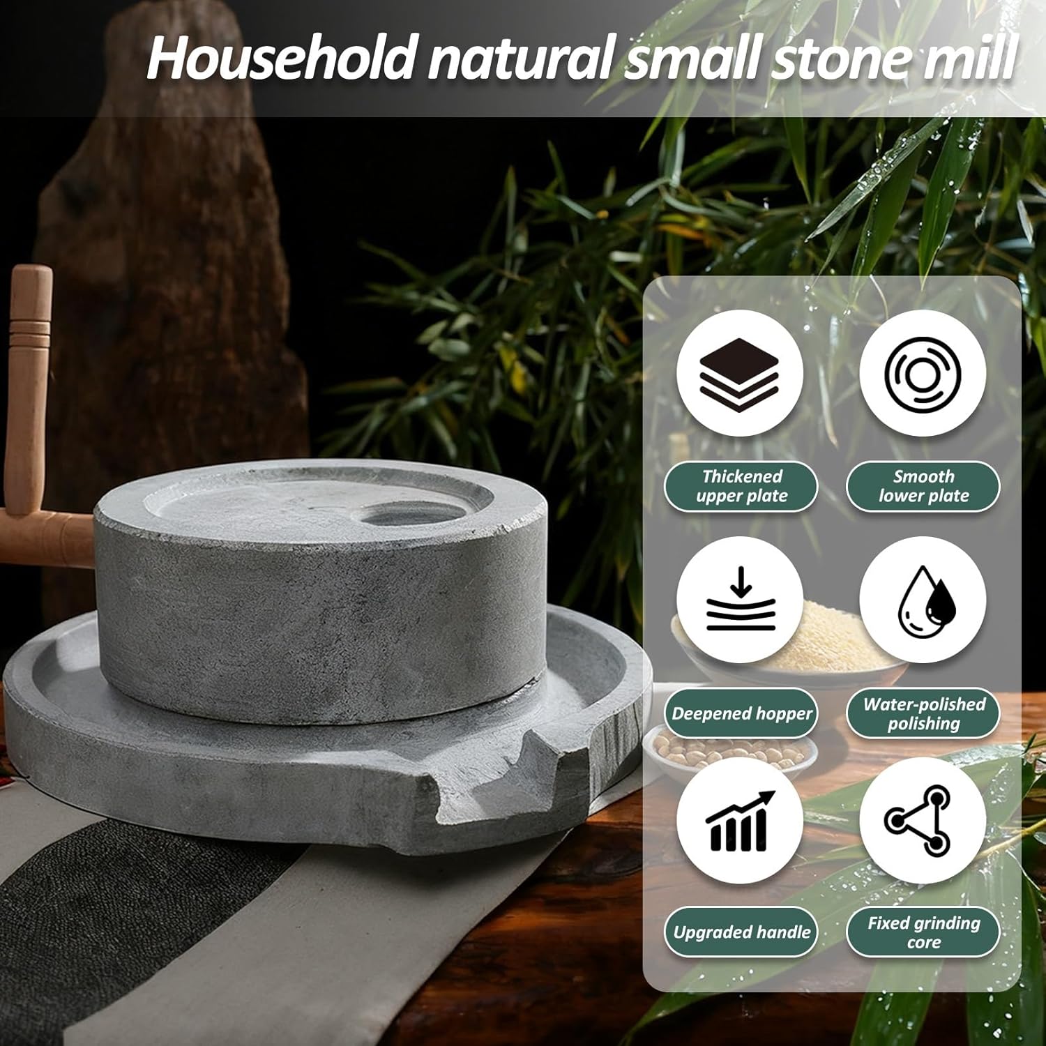 Natural Granite Stone Grain Mill, Vintage Handmade Manual Stone Mill Grinder with Wooden Frame for Flour, Wheat, Soybean, Spices, Barley(7.9x11.8in)