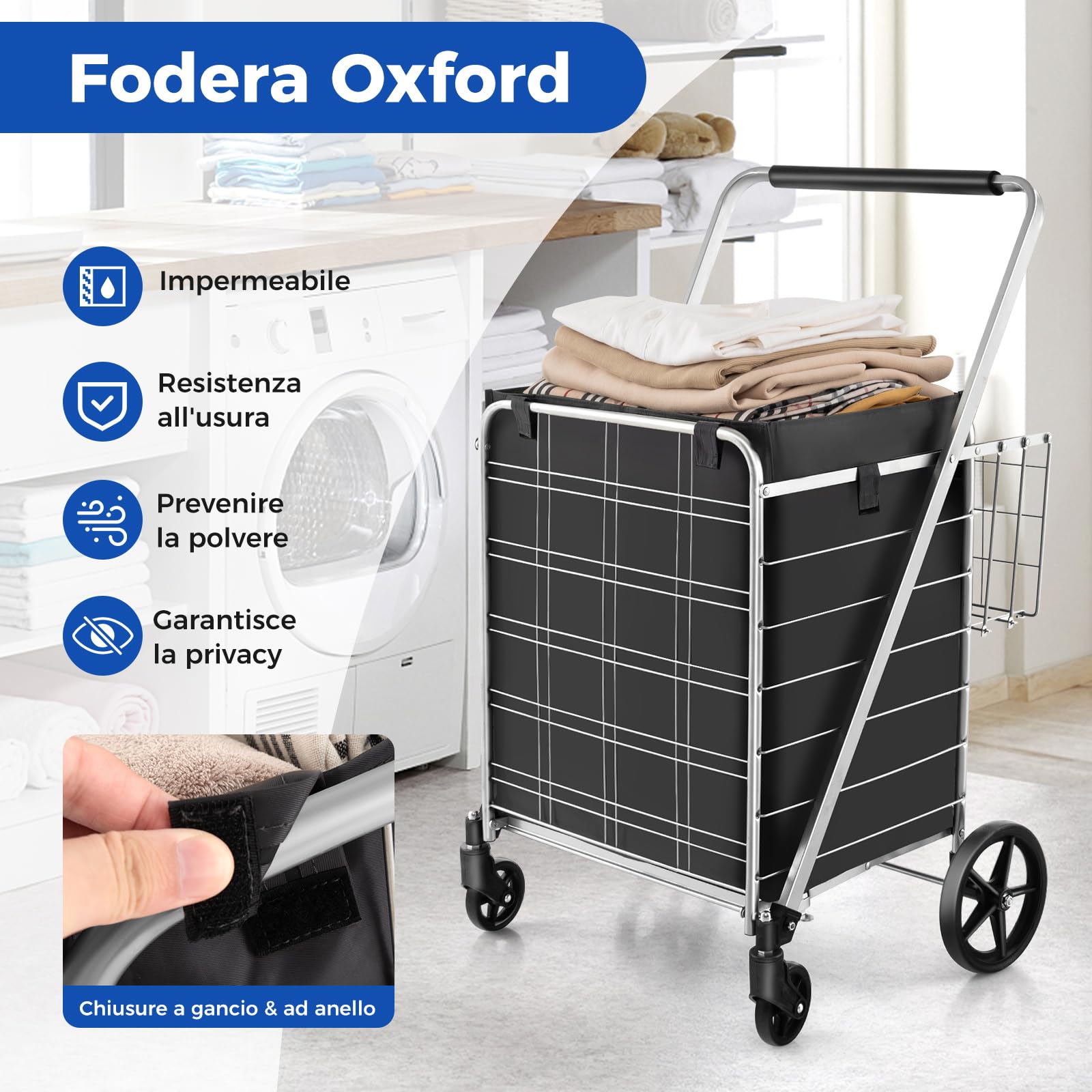 COSTWAY Carrello Portaspesa Pieghevole con Sacca, Carrello della Spesa Pieghevole con Ruote Girevoli a 360°, 2 Cesti, Capacità di Carico: 150 kg, 126 L, 66 x 64 x 103 cm (Argento)