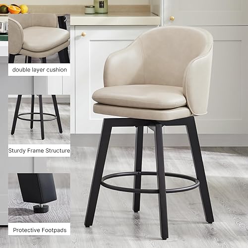 Miniatura 4 de Taburetes de bar giratorios tapizados de 26 pulgadas con respaldo y patas de madera para isla de cocina, juego de 2, piel sintética beige