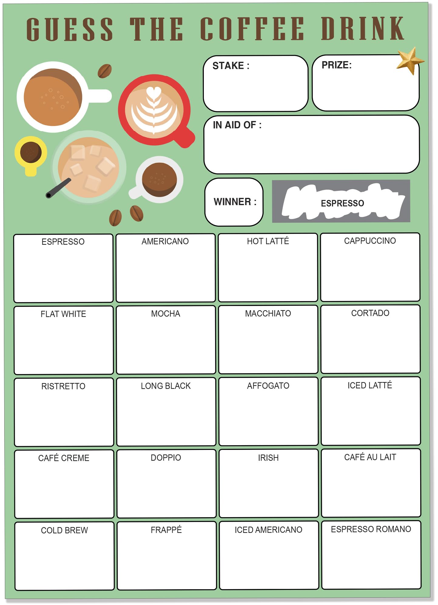 Pack of 10 Name the Coffee Drink Fundraiser Cards - A5 Size - 20 Squares and Scratch Off Winner for Fundraising