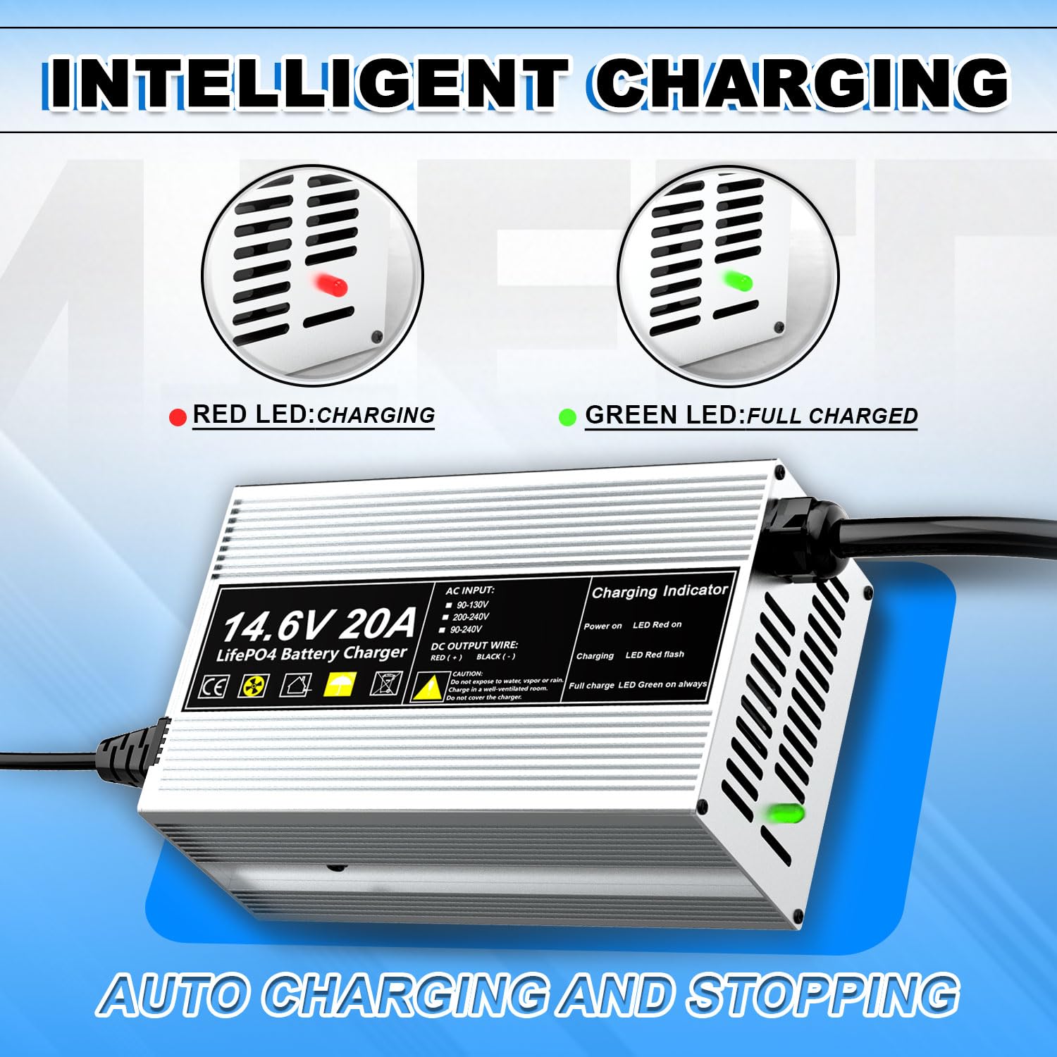 14,6V 20A LiFePO4 Ladegerät für 12V (12,8V) Lithium Eisenphosphat Batterieladegerät Schnellladung schützt den Akku