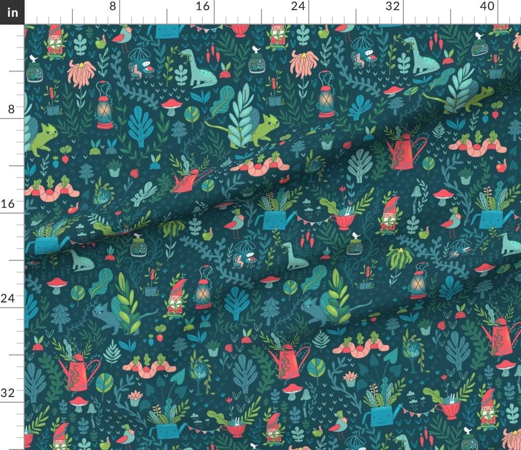 Spoonflower Fabric - Garden Out Funny Gnomes Cats Mushrooms Gardening Plants Gnome Printed on Petal Signature Cotton Fabric by The Yard - Sewing Quilting Apparel Crafts Decor