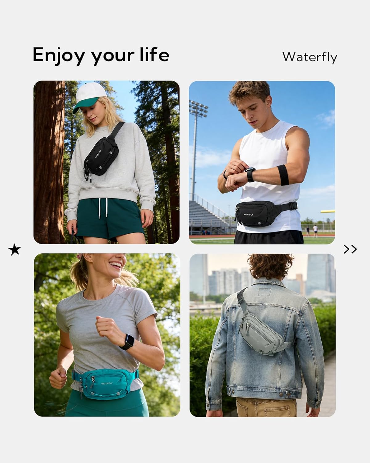 WATERFLY Small RFID Fanny Pack: 1.5L Slim Mini Anti-Theft Crossbody Waist Bag with Extender Strap, Water-Resistant Waist Pack for Men Women Travel Hiking Running-Black