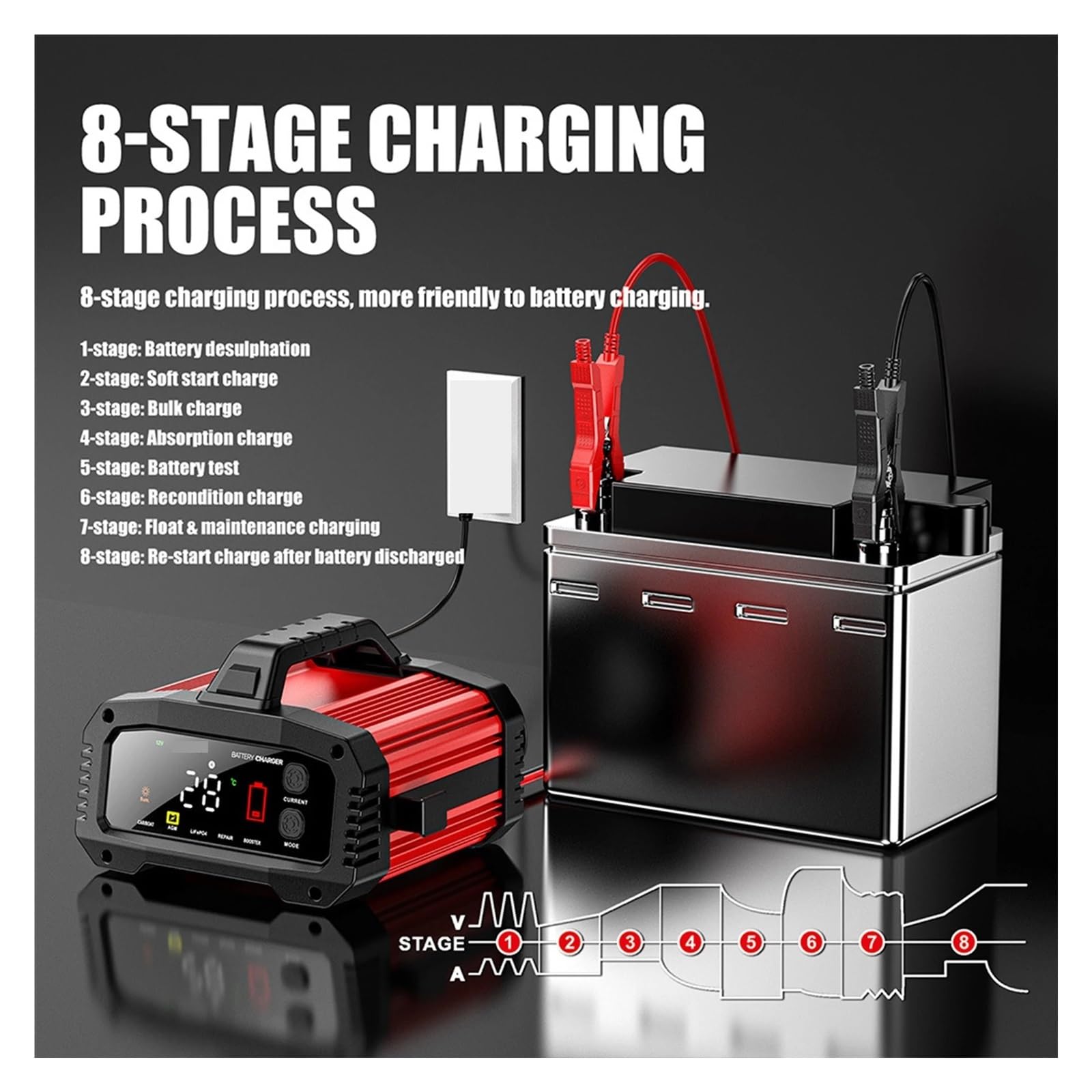 Chargeur De Batterie Voiture Intelligent 25a, 12V/25a, 24V/15a, Portable, Courant Charge en Option, Coque Alliage D'aluminium Affichage NuméRique