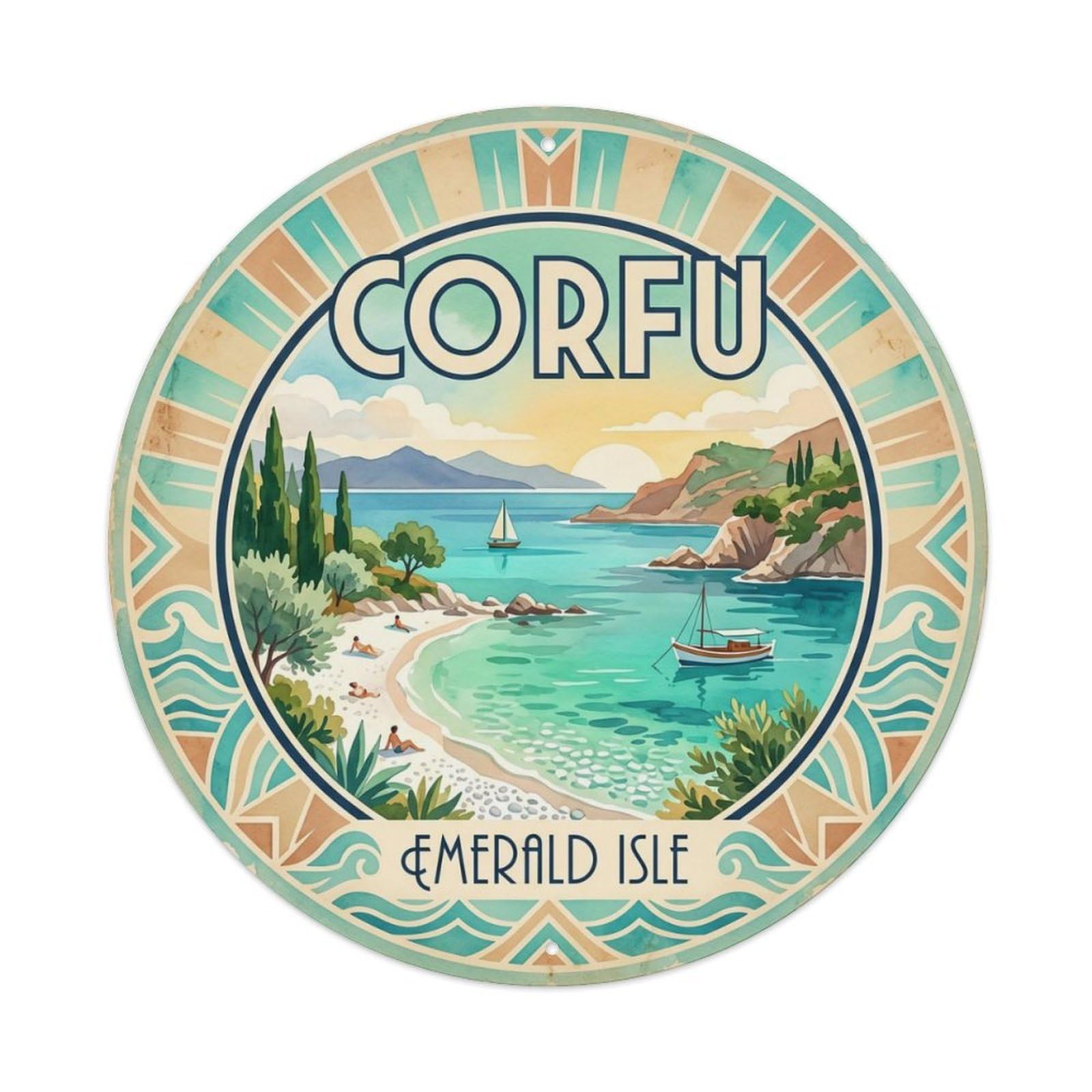 Vintage Travel Corfu Beach Greece Metal Tin Sign Plaque Wall Decor for Cafe, Club Bar, Office, Home Garden Round Metal Poster 8x8Inch