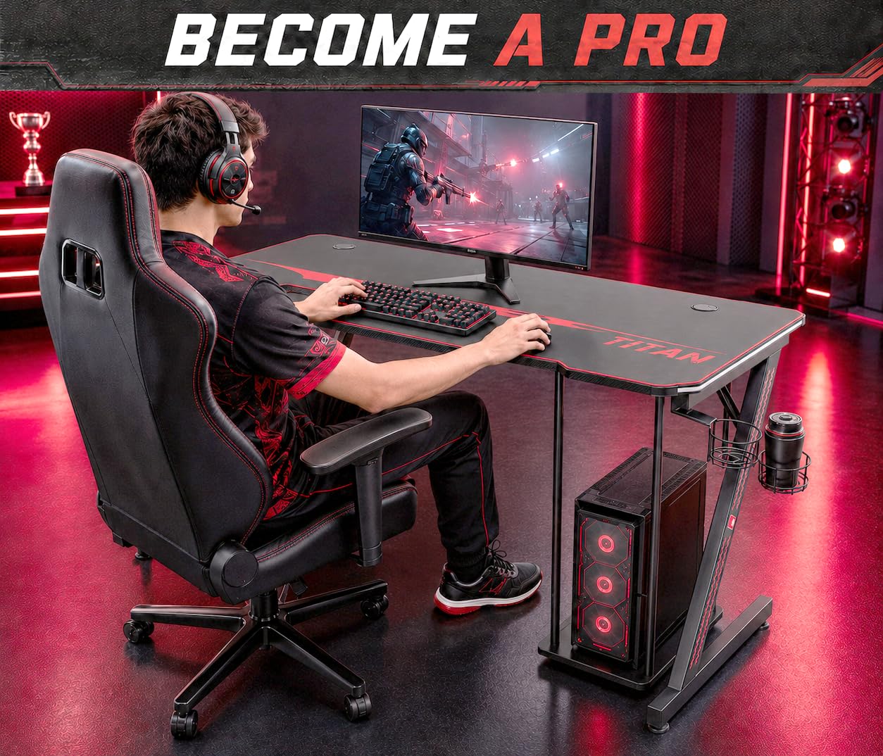 MY SIT Gaming Tisch 140 cm Titan Farbwechsel LED Beleuchtung - Kopfhörerhalter PC-Halter Getränkehalter - Leistungsstarkes Kabelmanagement - Schreibtisch Gaming Computertisch in Schwarz