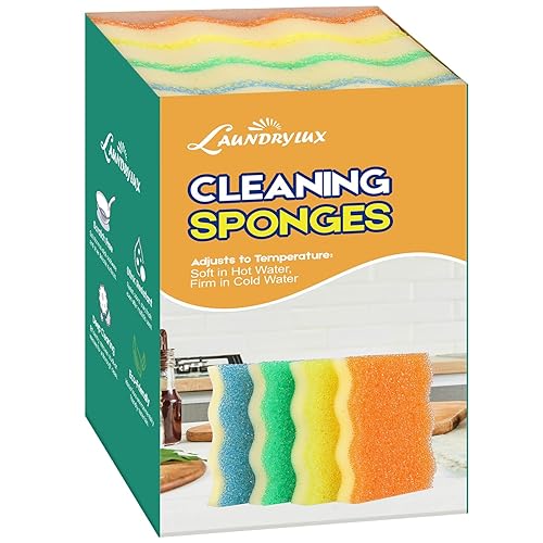 Scrub Sponge, 4 Pack Dual-Sided Temperature-Responsive Scrubber - Non-Scratch -