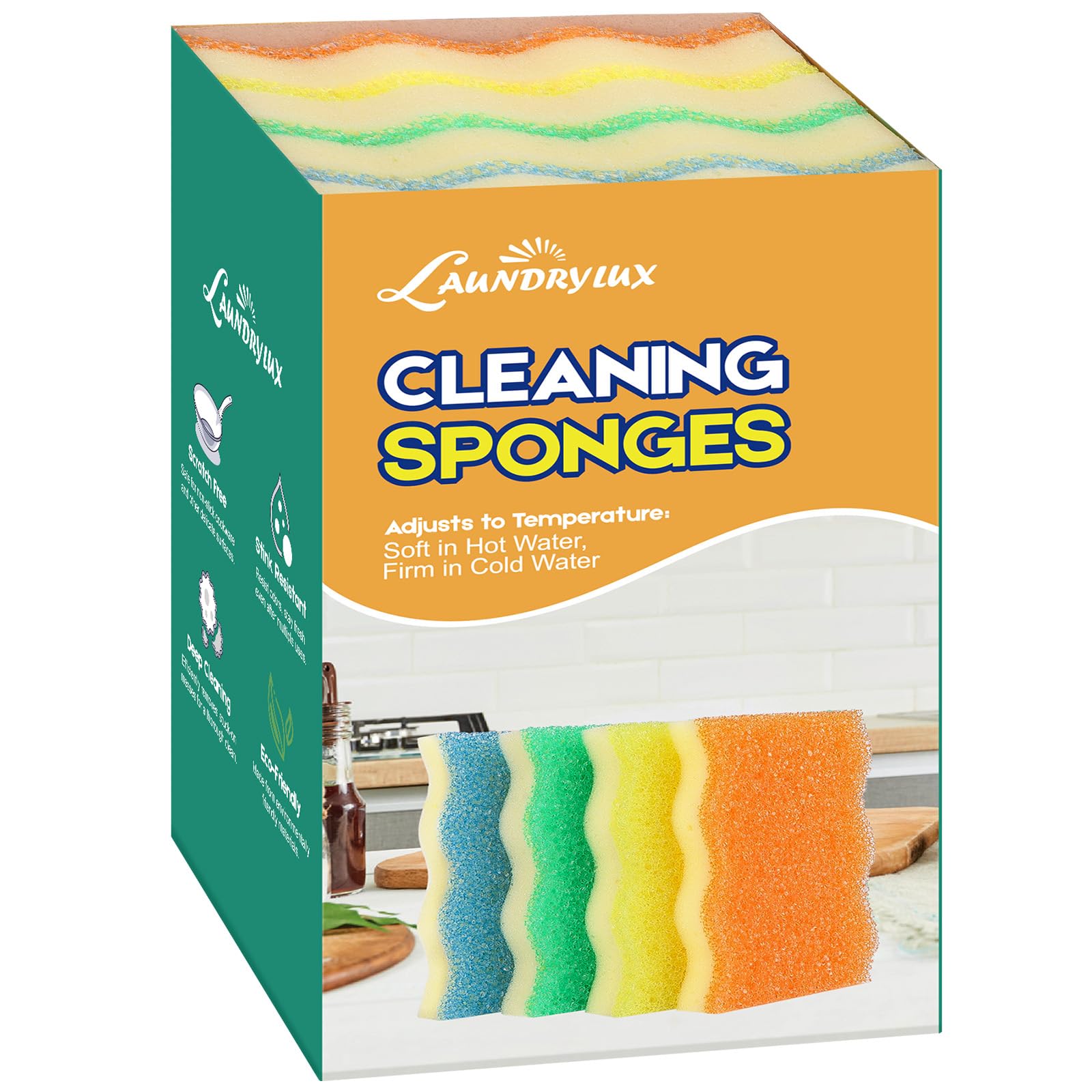 LAUNDRYLUX Scrub Sponge, 8 Pack Dual-Sided Temperature-Responsive Scrubber | Non-Scratch - Multipurpose Dish Sponges for Kitchens, Bathrooms, and Outdoor Use - Wave-Shaped