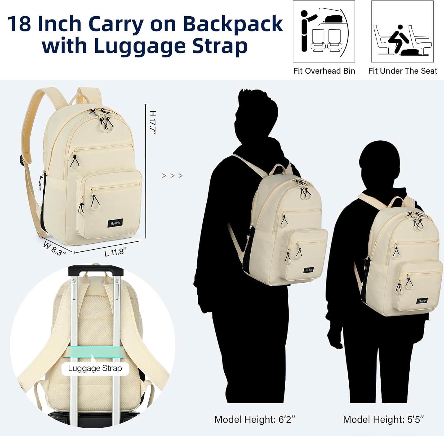 Carry On Travel Backpack For Women, 18 Inch Water Resistant Large Backpack Lightweight Bookbag For Men, 8x14x18 Personal Item Bag Casual Daypack Backpacks For Work Office Commuter (Offwhite) - Image 2