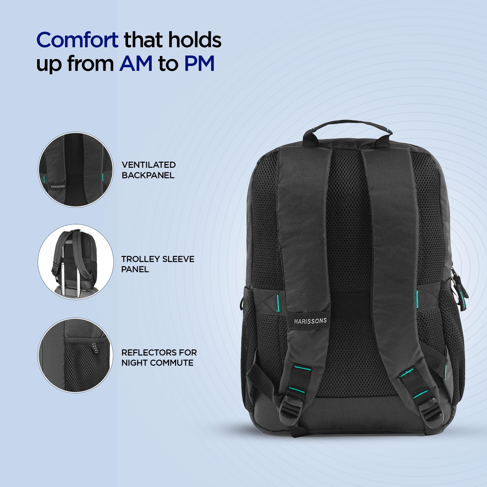 HARISSONS Nemesis 15.6 Inch Semi-Formal Laptop Backpack for Men & Women | Dual Bottle Holders, Reflectors for Night Commute | Lightweight 25L Office Bag | Trolley Sleeve Compatible 3