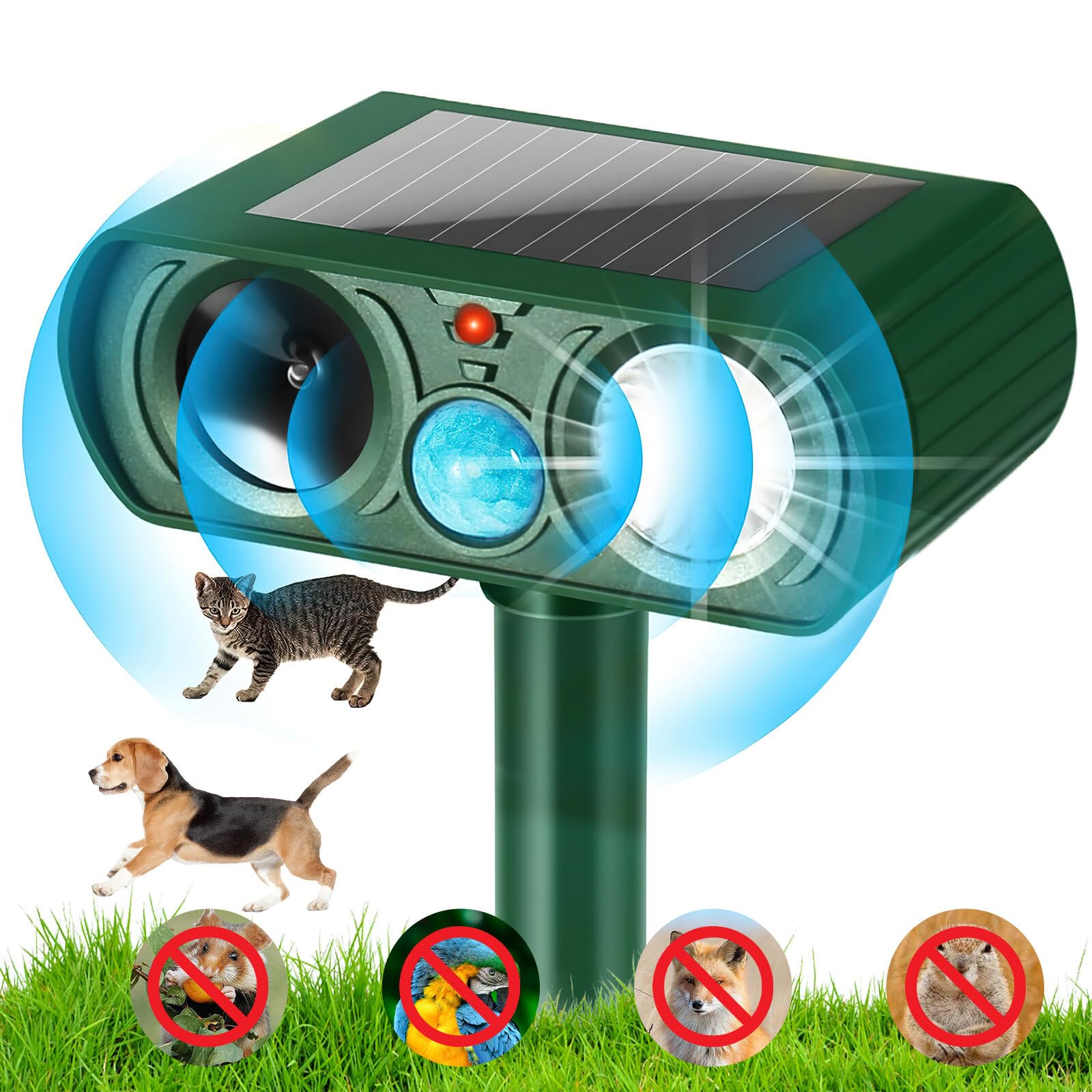 Repelente de Gatos, Ahuyentador para Gatos Ultrasonido Repelente, Disuasión Solar con LED Intermitente, Resistente al Agua IPX4 para Exteriores, Repele Eficazmente Gatos, Perros, Pájaros, Topos