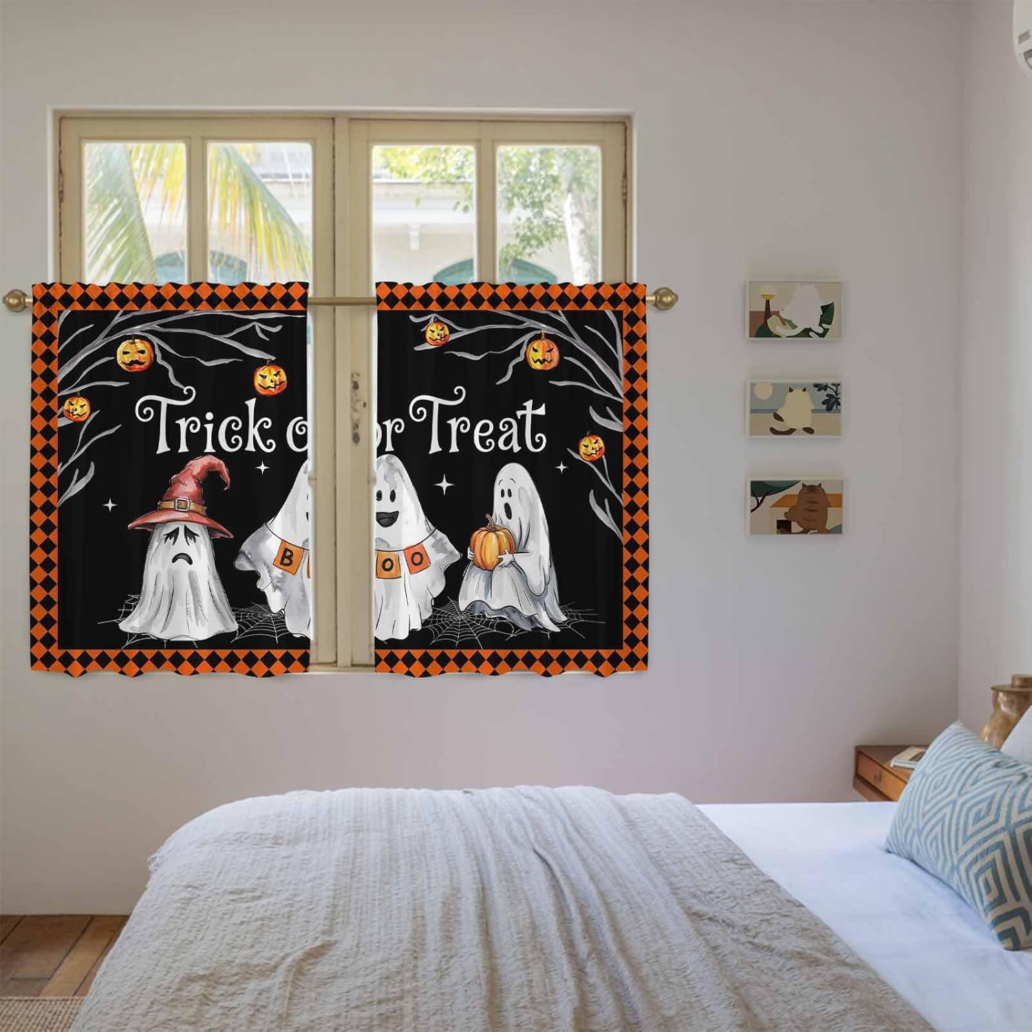 Halloween Ghost Kitchen Curtains 45 Inch Long 2 Panel Set, Rod Pocket Window Treatment, Funny Spooky Pumpkin Orange Plaid Light Filtering Panels Short Drapes for Bathroom Camper 42"W x 45"L