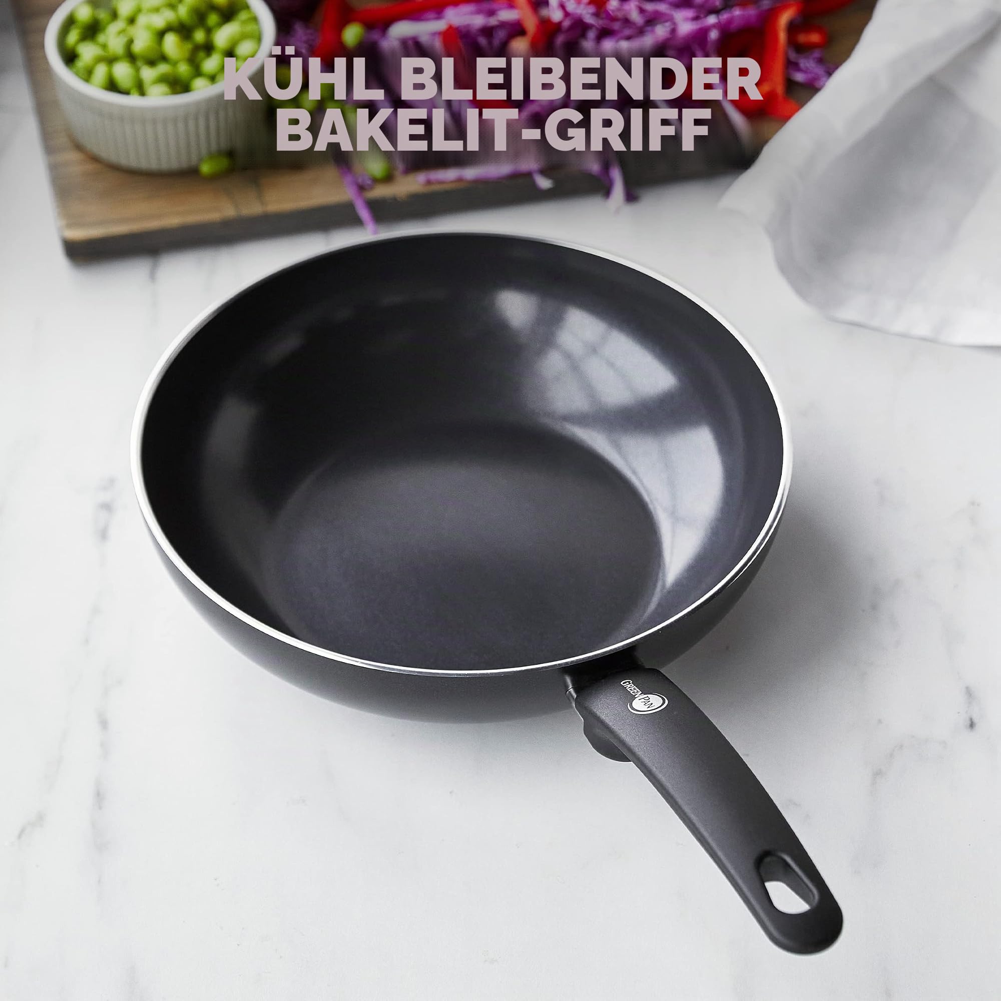 GreenPan Cambridge 28 cm/3,7 Liter Wok-Pfanne aus Keramik, PFAS-frei, Induktion, spülmaschinenfest, backofenfest, Schwarz
