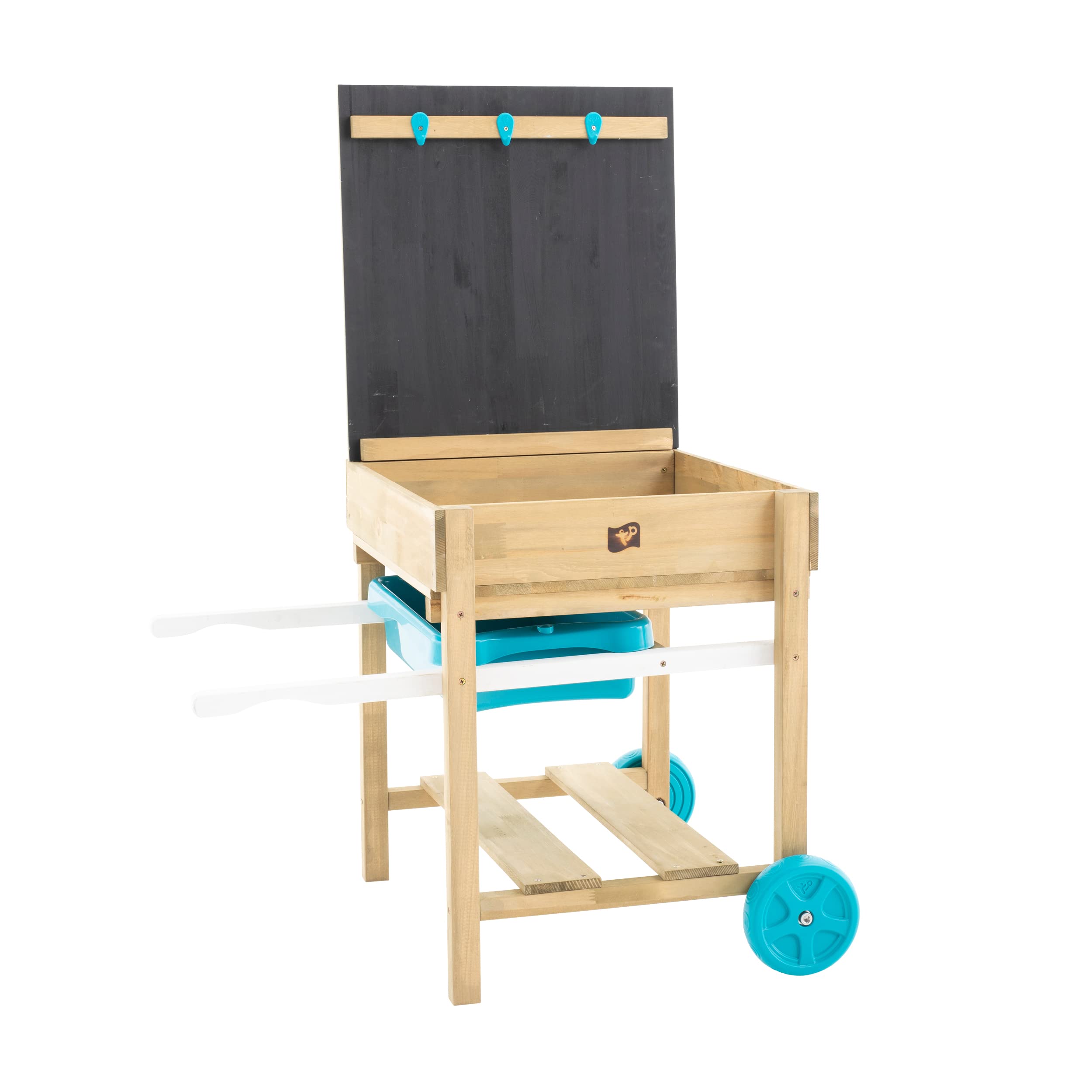 TP Toys Deluxe Sand- und Wassertisch, FSC-zertifiziertes Holz, inklusive Sandkasten, Wasserschale, schwarzer Tafel, Kunststoffhaken und Aufbewahrungsregal, verstaubar und verwandelt Sich in einen