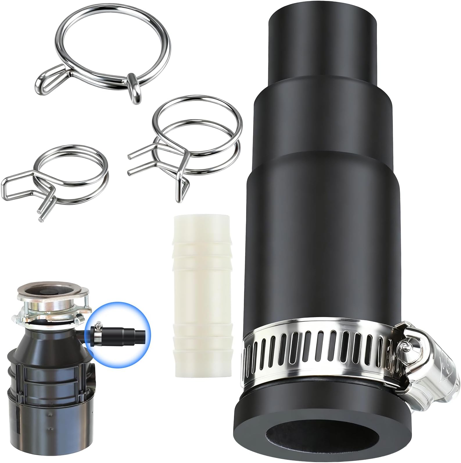 Dreyoo Dishwasher Connector Kit Universal Garbage Disposal Connector with 1 Inlet Connector, 1 Hose Clamp, and 3 Spring Clamps (1 Set)