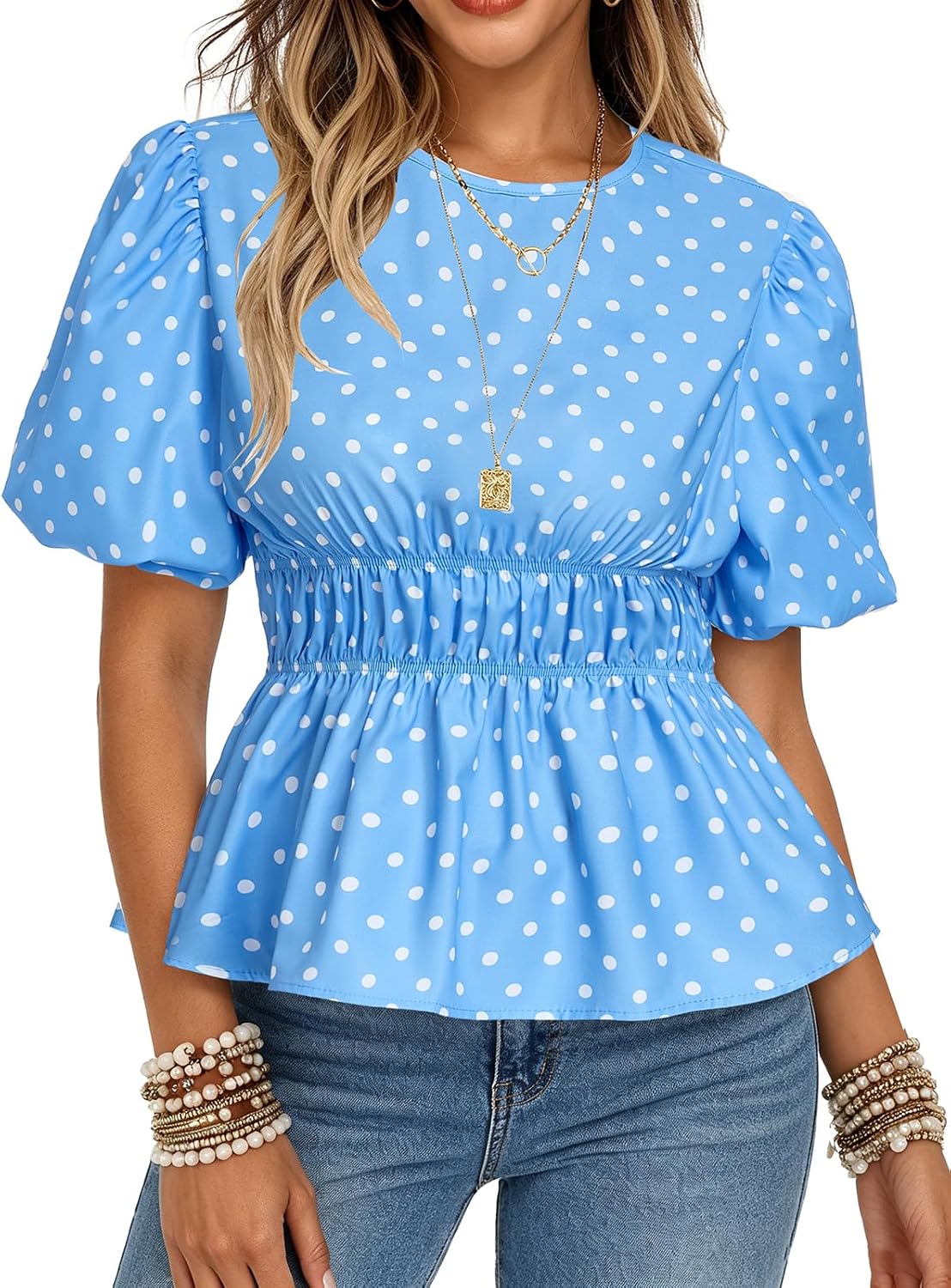 Oymyakon Womens Polka Dots Peplum Tops Puff Short Sleeve Round Neck Babydoll Top Pleated T Shirts Casual Blouses