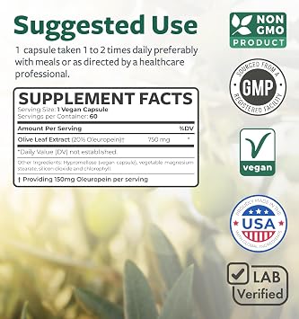 Super Strength Olive Leaf Extract Capsules - Vegan Non-GMO 750mg Olive Extract with 20% Oleuropein Antioxidant Supplement for Immunity Skin and Heart Health Support - Made in The USA (2 Month Supply)