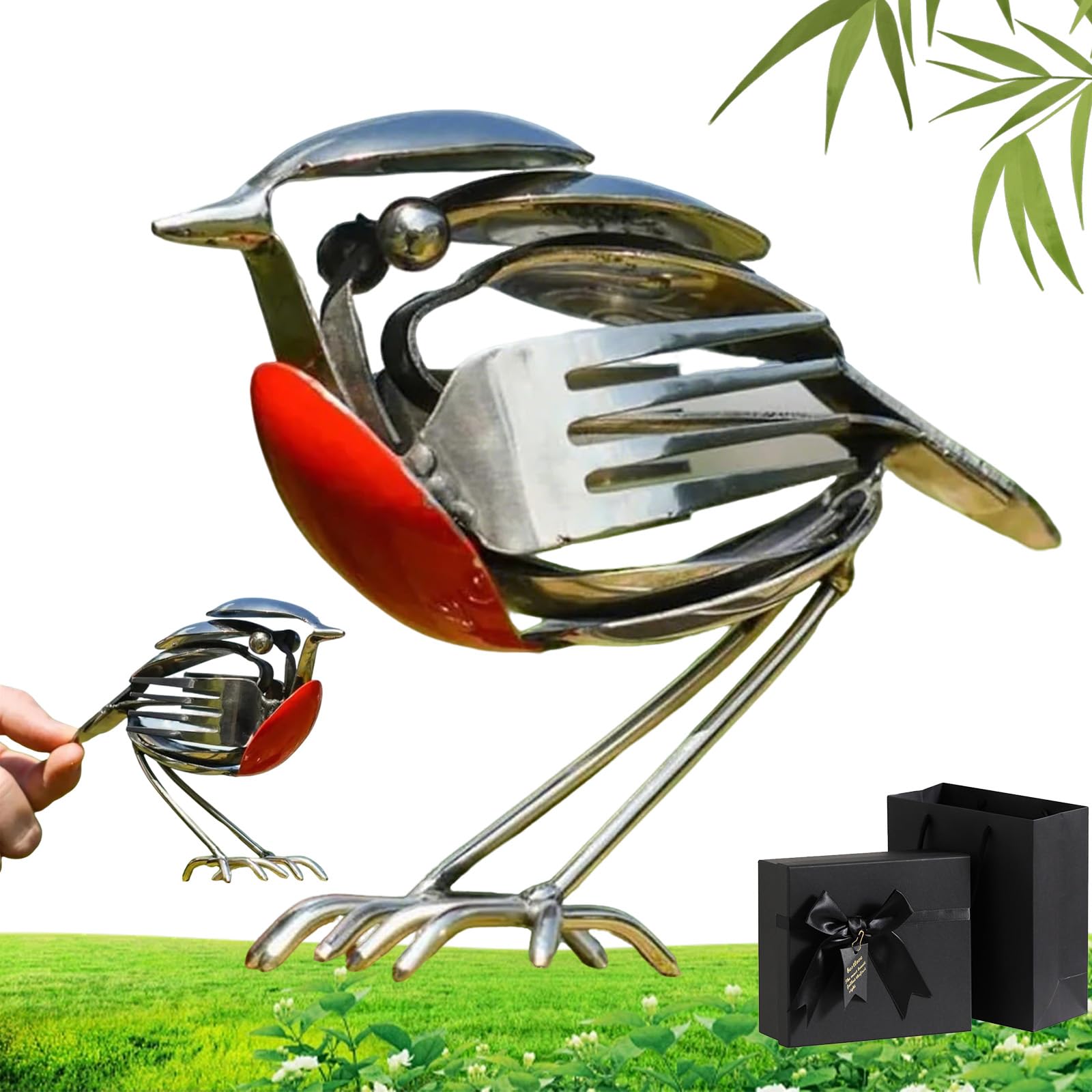 Qosneoun Robin Metal Bird Sculpture, Hope Wings Metal Robin, Garden Ornament, Handcrafted Steel Cutlery Art Statue, Unique Decorative Ornament for Garden, Patio or Office Desk (1 PC)