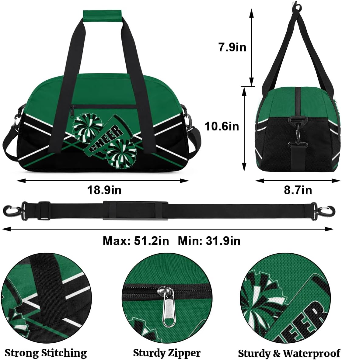 Kid Cheer Duffel Bag Weekender Overnight Bag Travel Collapsible Sports Gym Bags for Girls Boys Gymnastics Sleepover Waterproof Carry-on Bags Lightweight Work Out Handbags Green Black White - Image 6
