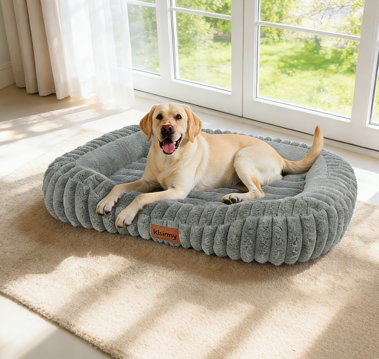 Orthopedic Dog Bed for Large Dogs, Comfort-Sided Calming Pet Bed with Breathable Memory Foam, Plush Faux Rabbit Fur & Non-Slip Bottom, Machine Washable with Carry Handle, 35"x27"x5.5", Grey