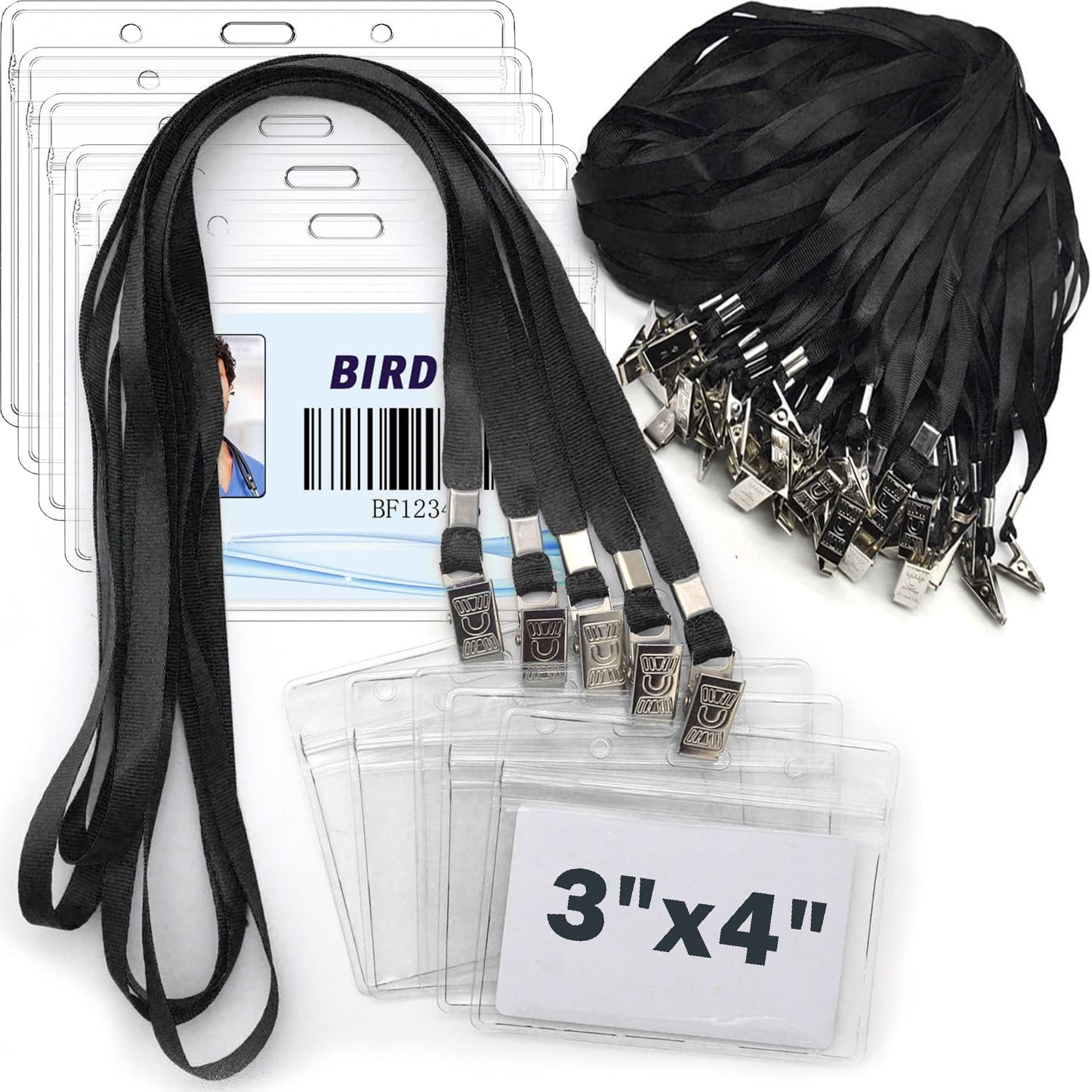 50 Pack Clear Horizontal Badge Holders & 50 Black Lanyards | Waterproof ID Card Holders For Office, School, Events - View #4