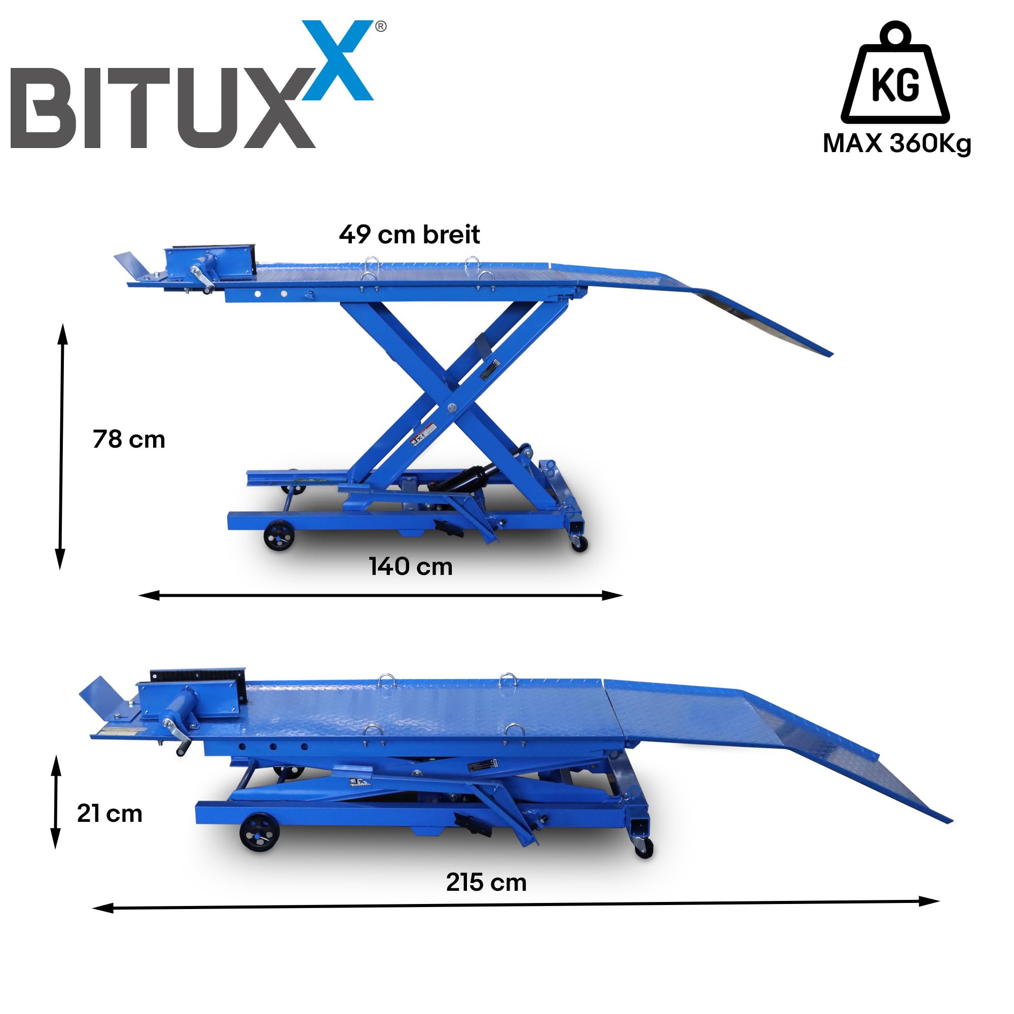 Bituxx Motorrad Scheren Hebebühne Motorradheber Motorradbühne Lift Hydraulisch mit Fußpumpe, 360 kg Belastbar, Werkstattbühne mit Radsicherung und Auffahrrampe