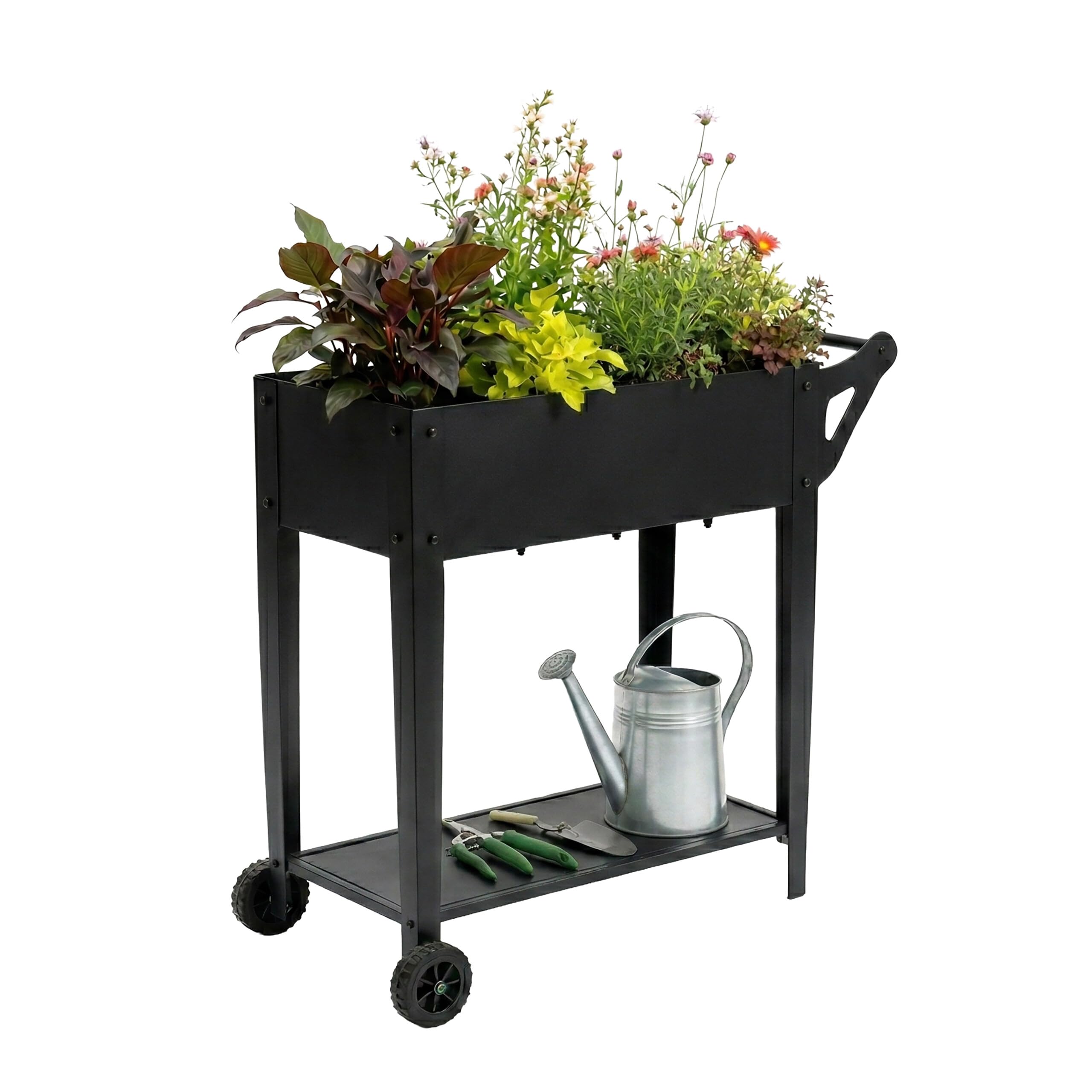 Relaxdays raised planter with shelf & 2 wheels, garden, balcony & terrace, HxWxD:80x85x50 cm, table planter, black