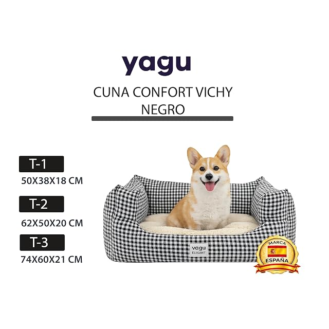 Foto 2 de 6 de YAGU Cama para Perros y Gatos T-1 (50x38x22 cm hasta 3 kg) Diseño Vichy Negro con Interior de Borreguillo…