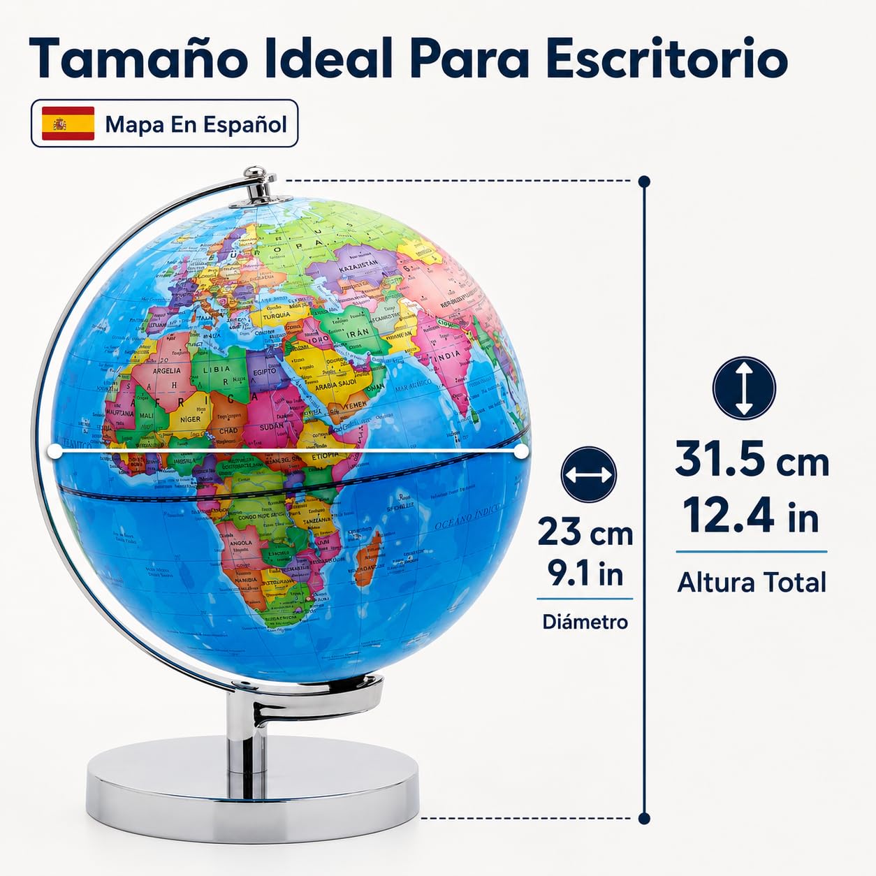 EXERZ Globo Terráqueo Iluminado 23 cm Mapa Español Y Constelaciones | Lámpara LED Sin Cable Base Metálica Cromada Modo Día Noche Para Escritorio Habitación Aula Y Regalo Educativo