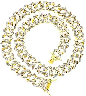 Julia Store 18K Gold Plated Miami Men's Cuban Link Chain Silver Gold Plated Bling Cuban Necklace Diamond Chain for Men 15MM iced out chain Hip Hop Jewelry